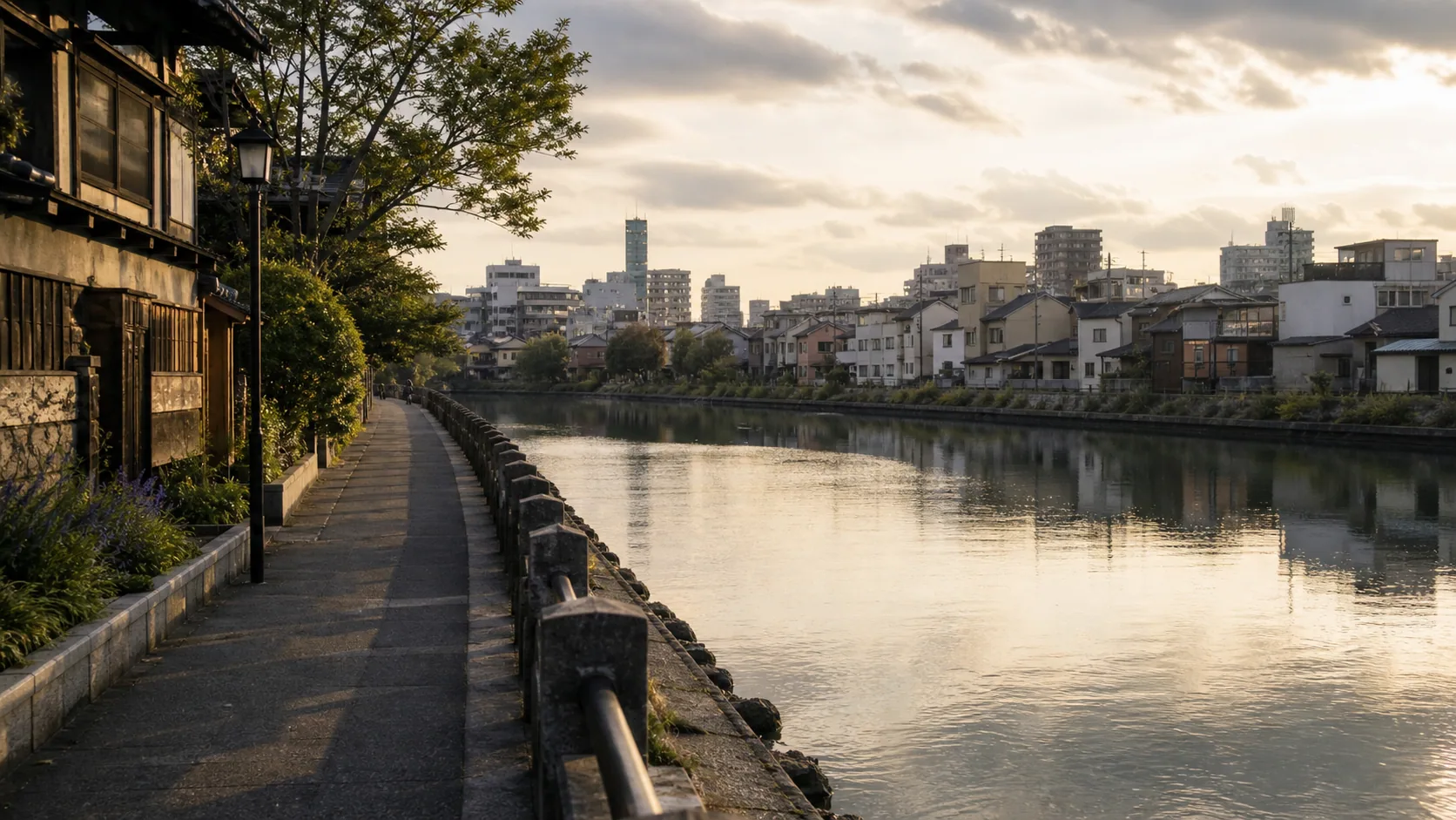 低地の川沿いを歩く夕方のイメージ