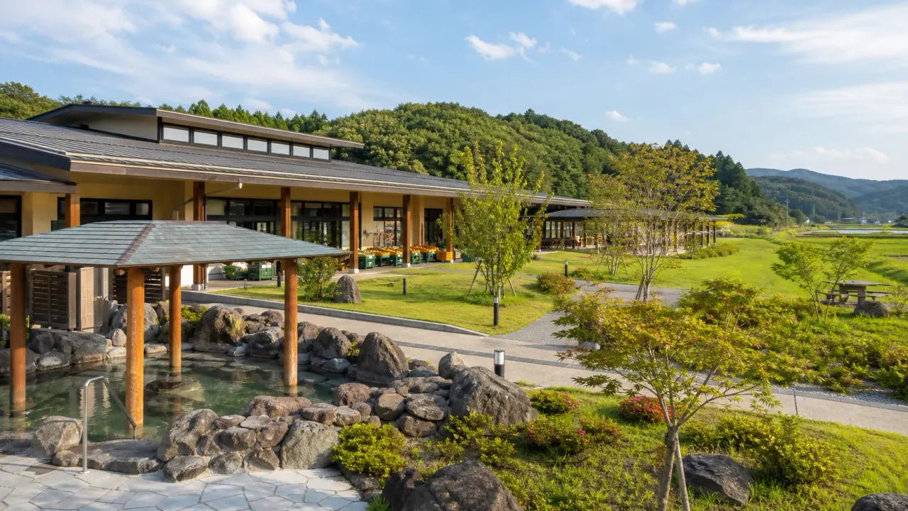 高根沢の田園にある道の駅で、温泉施設と直売所、芝生の休憩スペースが並ぶ風景
