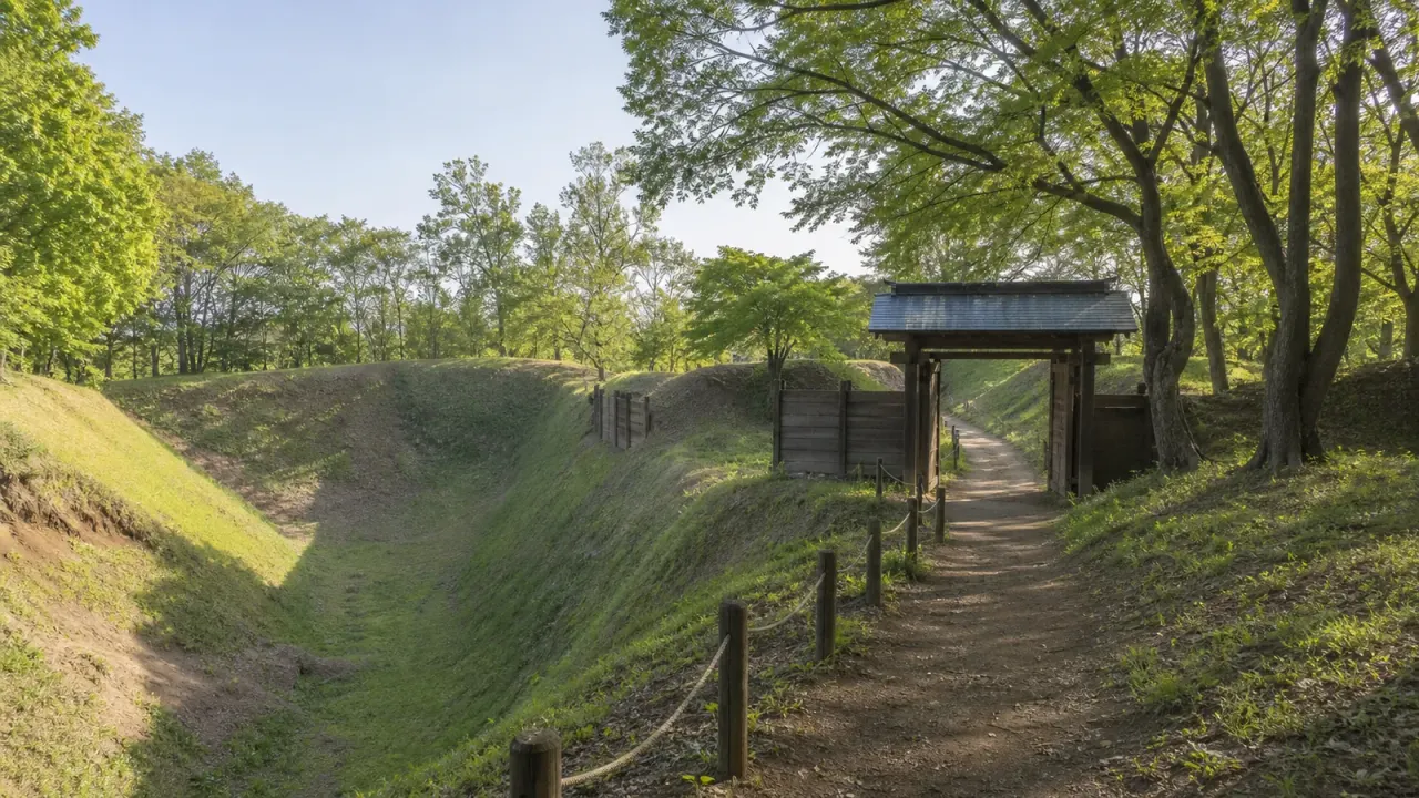 箕輪城跡の大堀切、土塁、木の門をイメージしたカバー画像