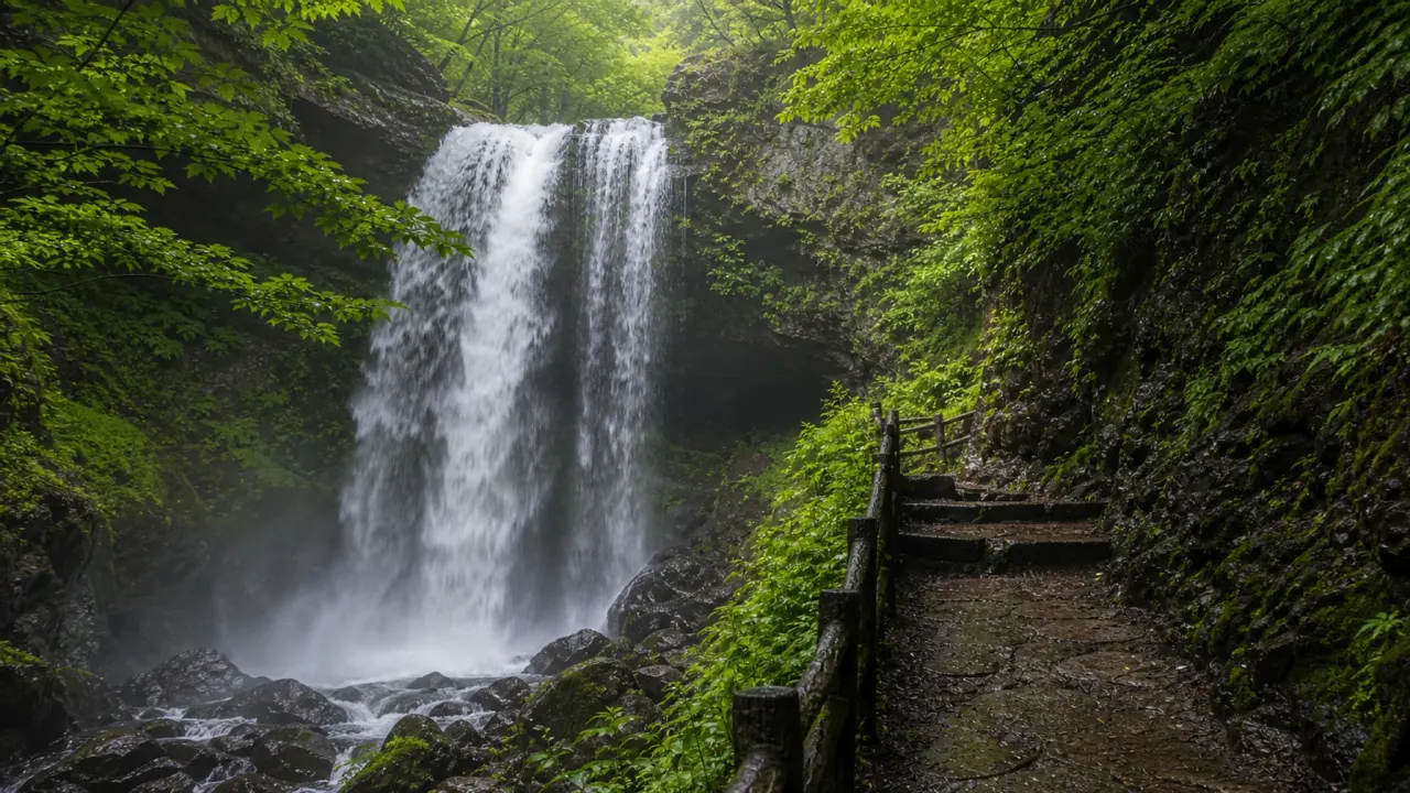 山あいの渓谷で滝の水しぶきと緑の遊歩道をイメージした、雷滝のカバー画像