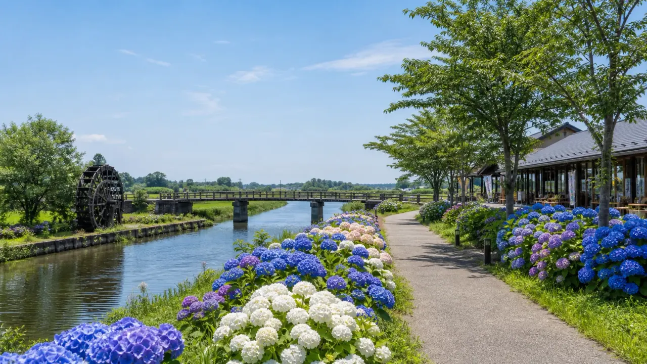 千葉県多古町の栗山川あじさい遊歩道と道の駅 多古 あじさい館を歩く散歩ガイド。初夏のあじさい、春の菜の花、秋のコスモスを、川辺と田園風景に合わせて楽しむ計画です。