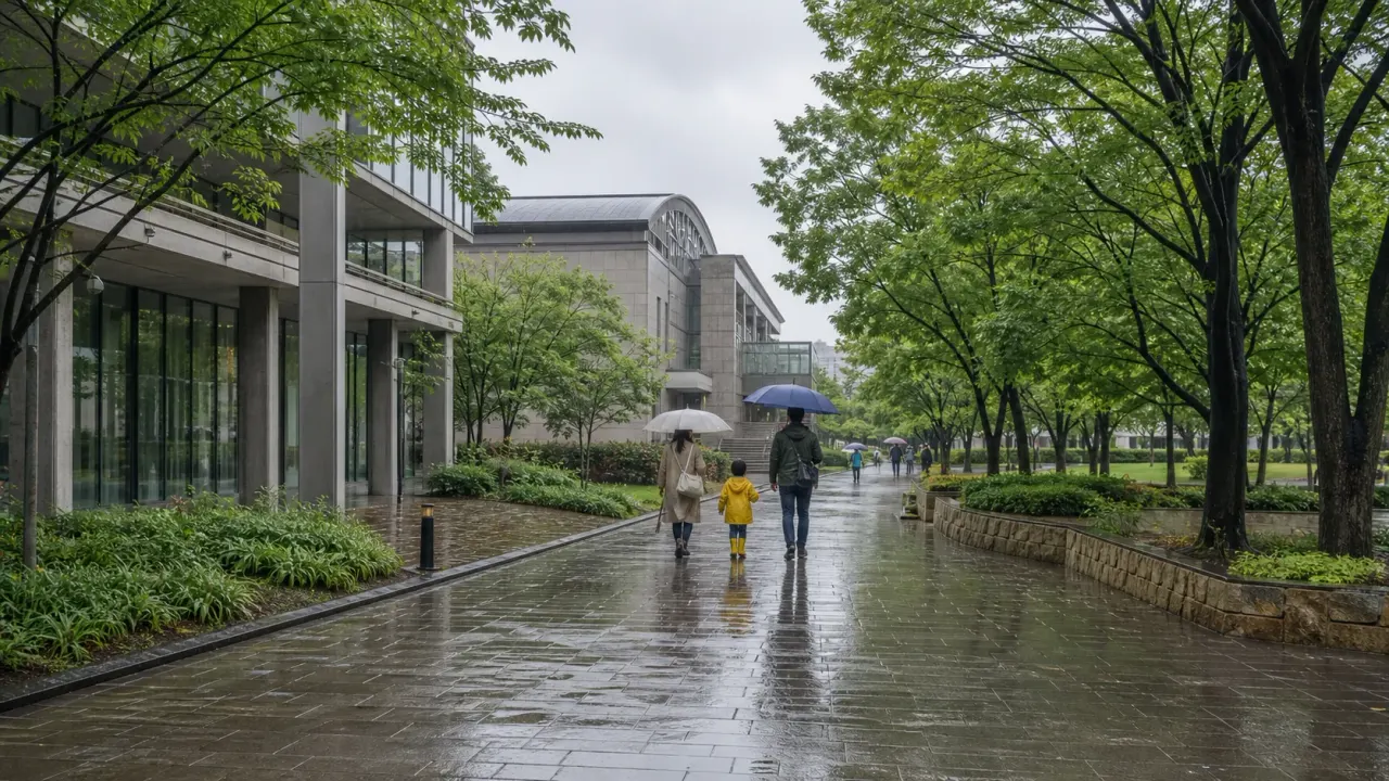 雨の多摩センターで図書館と公園をつなぐ濡れた園路を眺める、子連れ雨の日散歩をイメージしたカバー画像