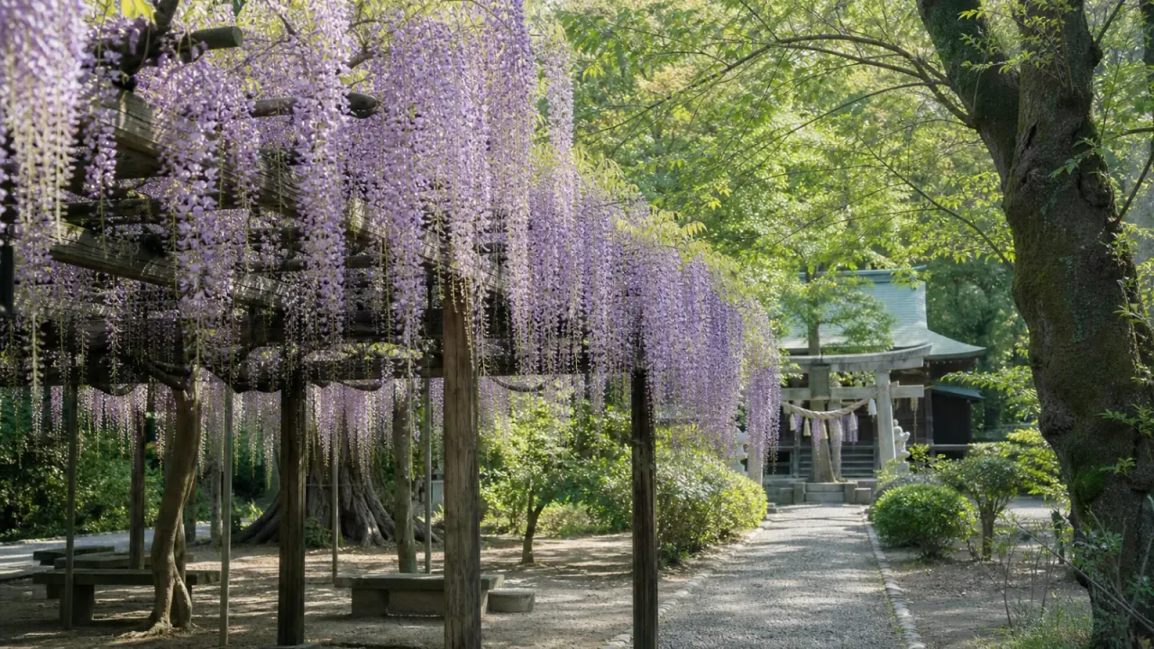 玉敷公園を思わせる藤棚と玉敷神社の静かな参道