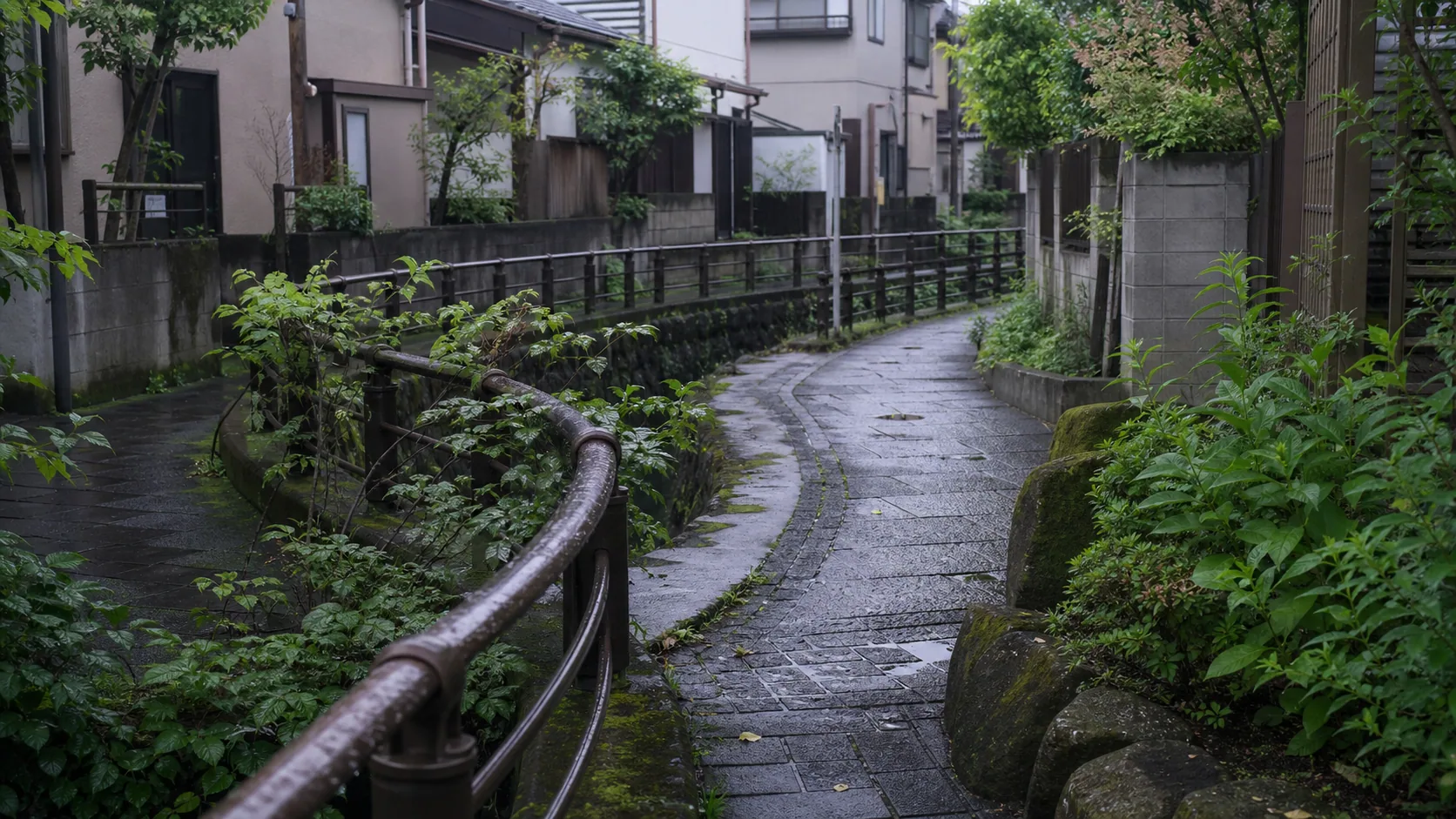 暗渠の上に続く静かな緑道と濡れた通路のイメージ