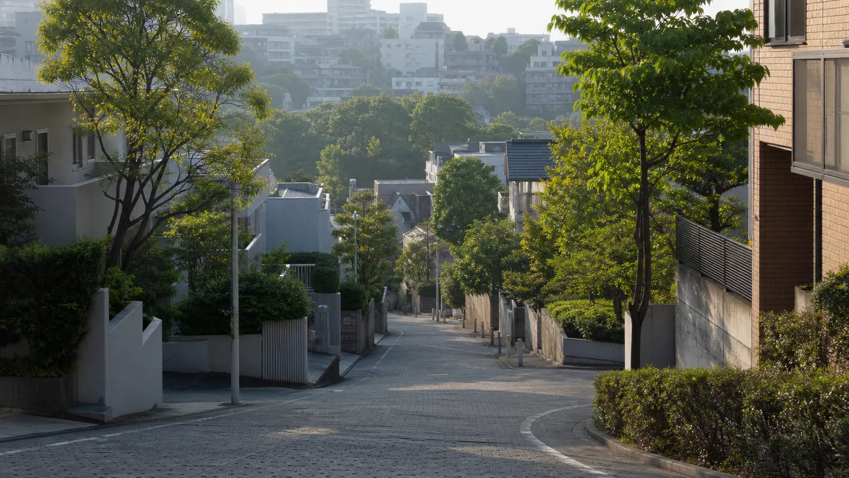 低い街並みの間を坂道が下っていく東京の谷地形のイメージ