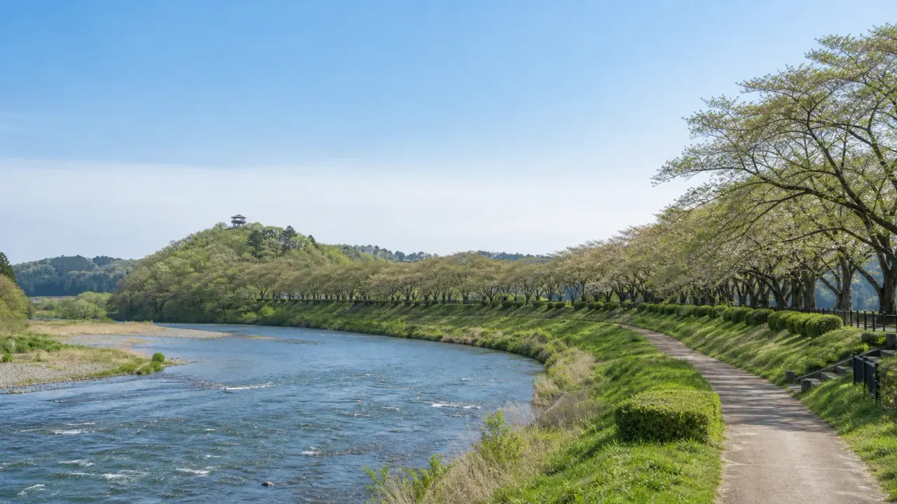 久慈川沿いの遊歩道と桜づつみ、低い丘の展望台を眺める辰ノ口親水公園の春のイメージ