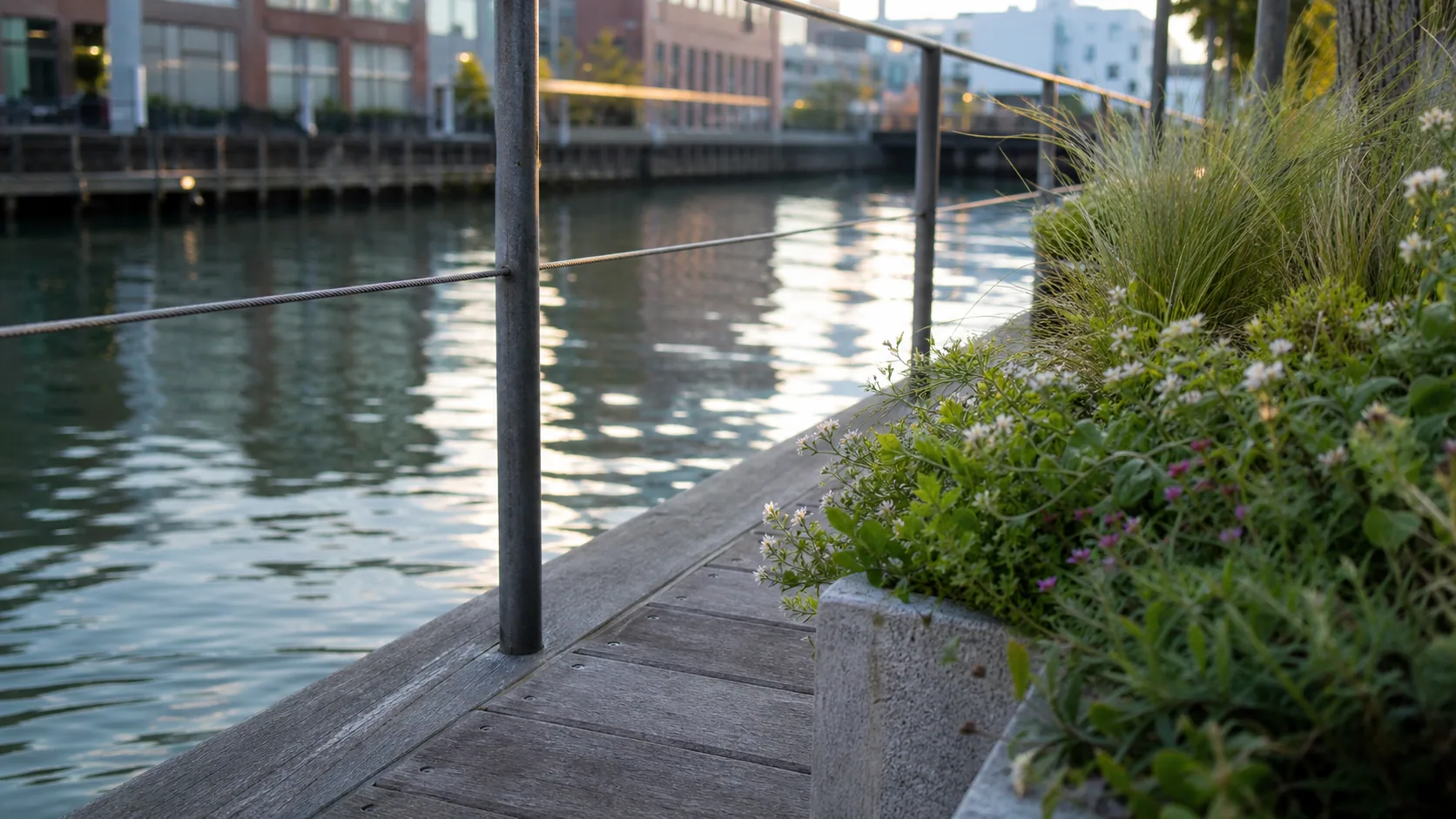 運河沿いの手すりと植栽の近景のイメージ
