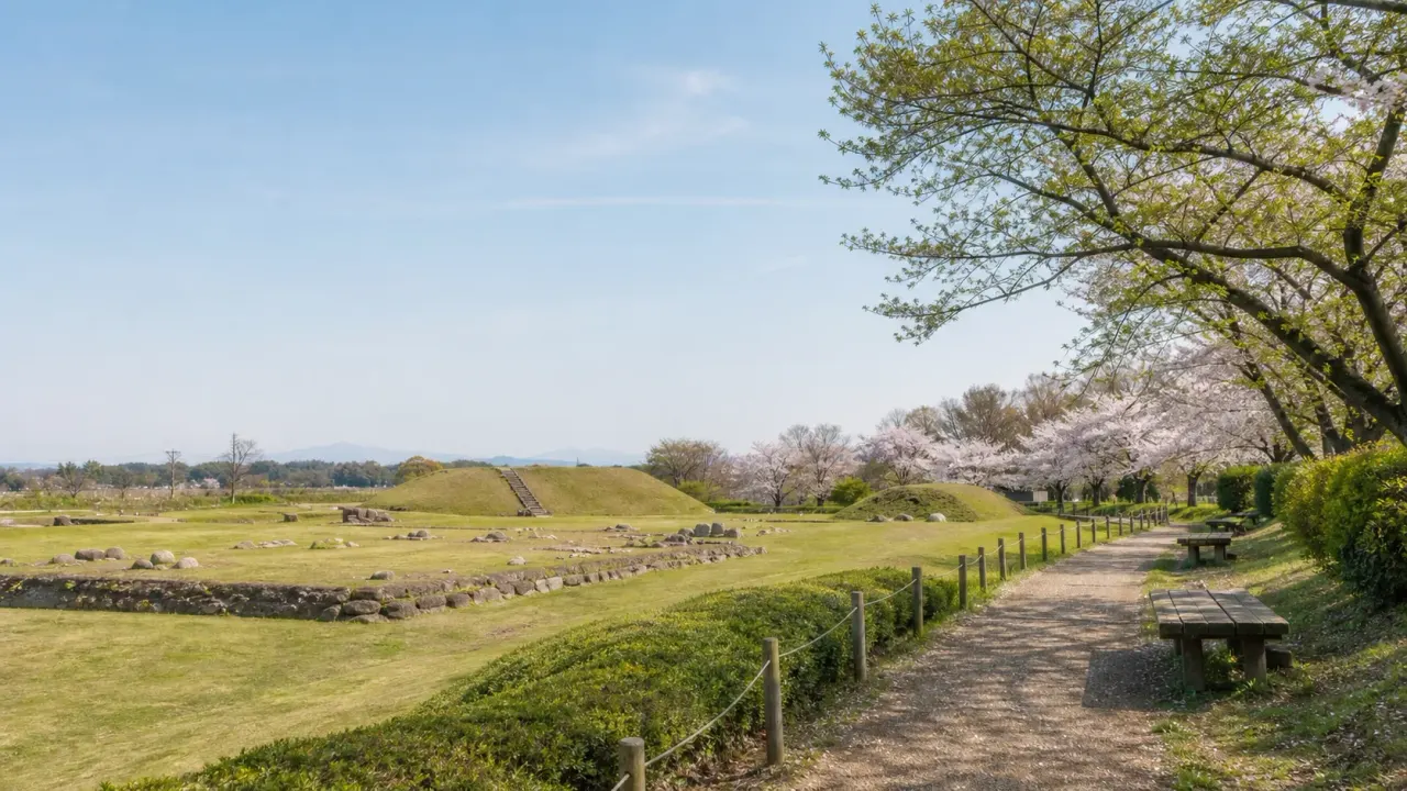 下野市の天平の丘公園を思わせる芝生の古代史跡と桜並木、ゆるやかな園路をイメージしたカバー画像