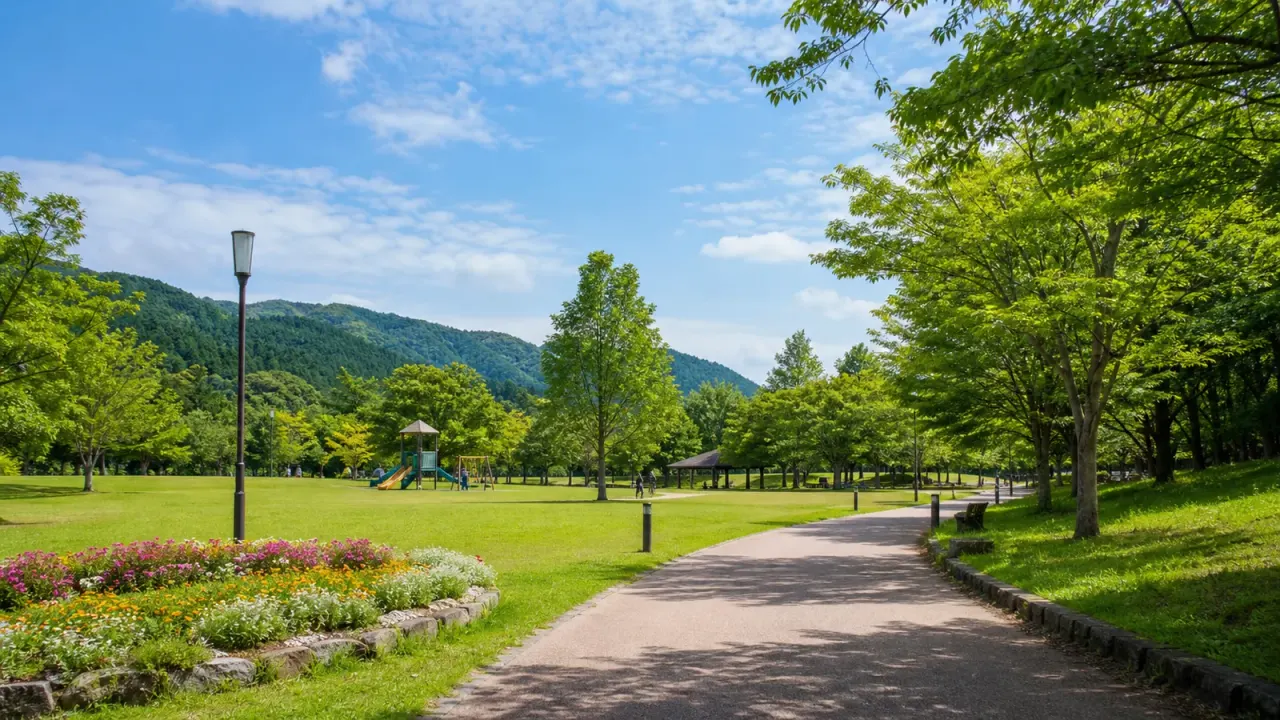 広い芝生と木陰、遊具、花壇がある栃木の家族向け公園散歩イメージ