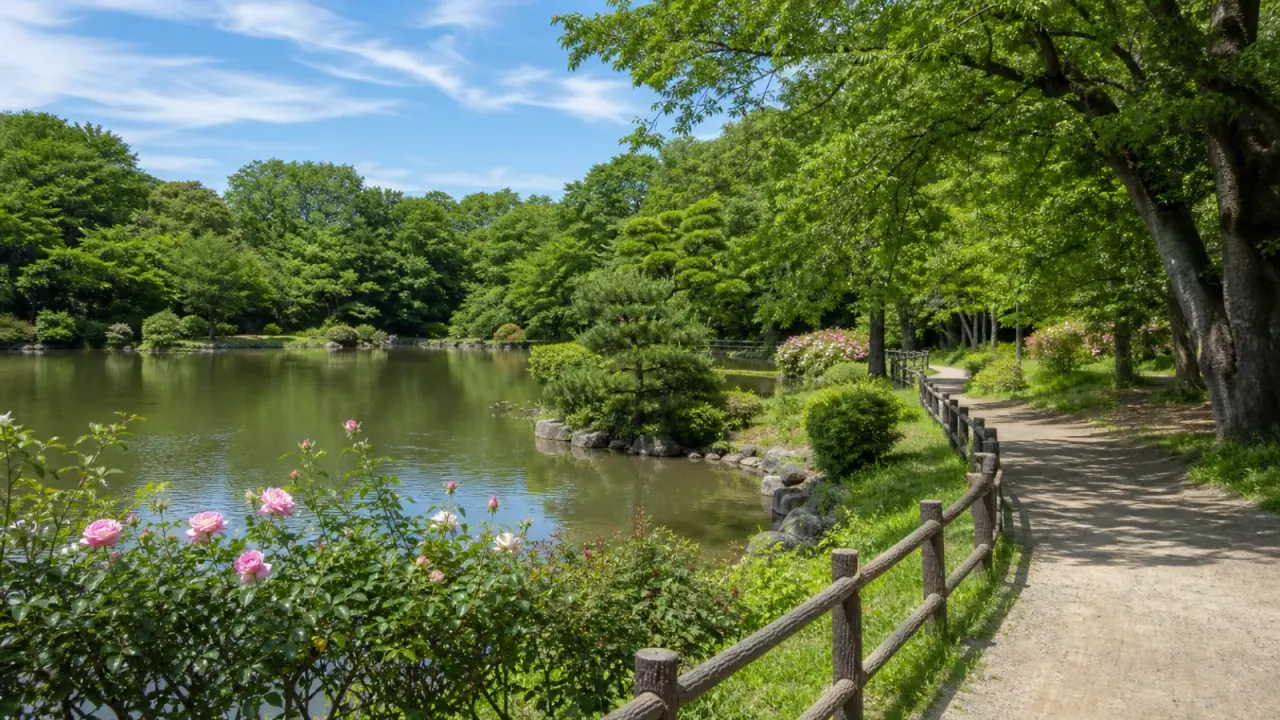 池とバラ、木陰の園路がある公園のカバー画像