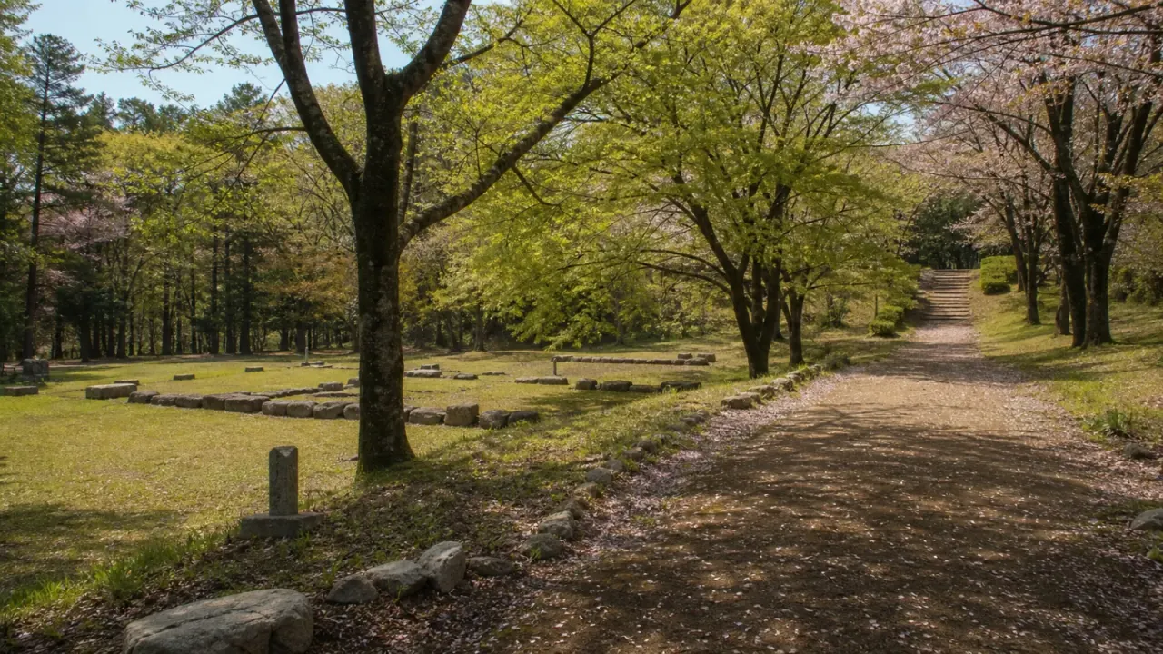 木陰の史跡公園と古代遺構を思わせる石列