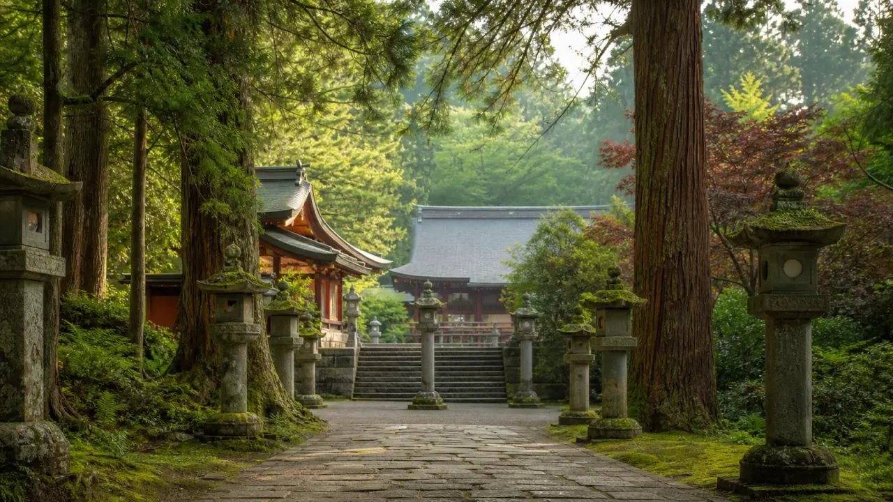 木漏れ日の参道と石段、赤い社殿を思わせる栃木の社寺散歩イメージ