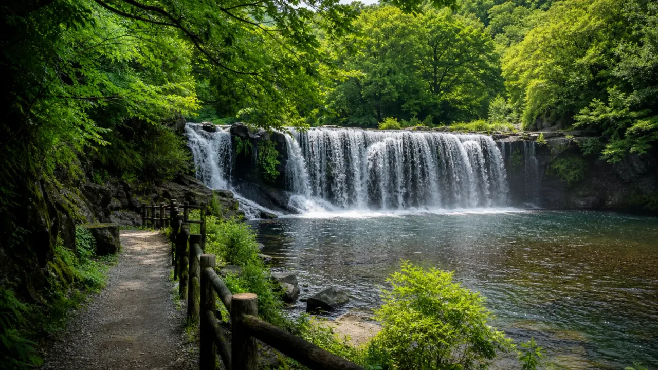 緑に囲まれた滝と水辺の遊歩道