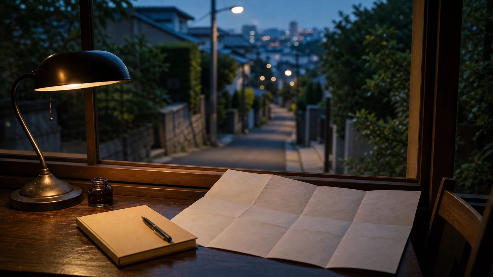 窓辺で白い地図とノートを広げる夜の散歩計画のイメージ