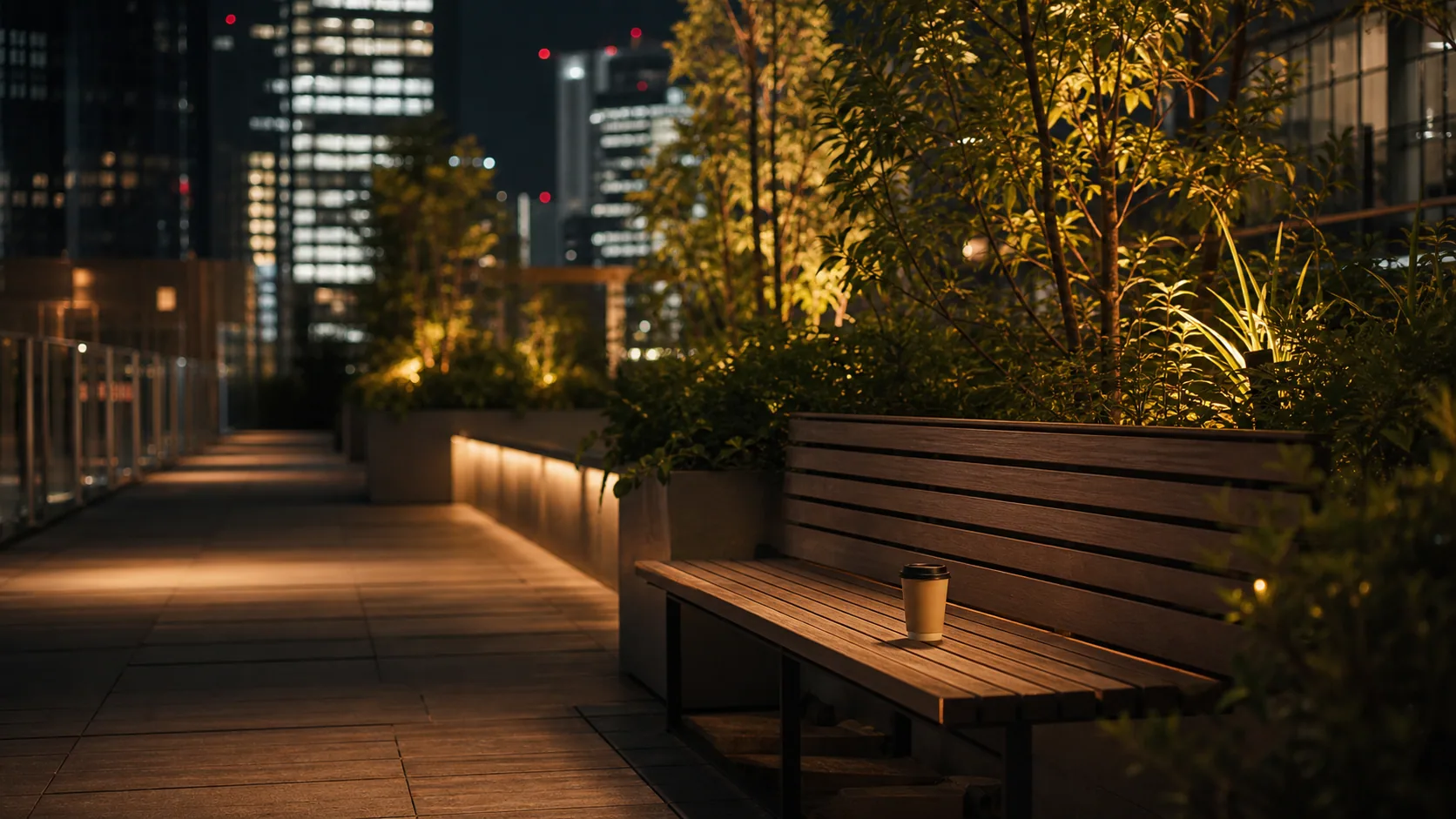 夜のテラスでベンチと植栽のそばに休む場面のイメージ