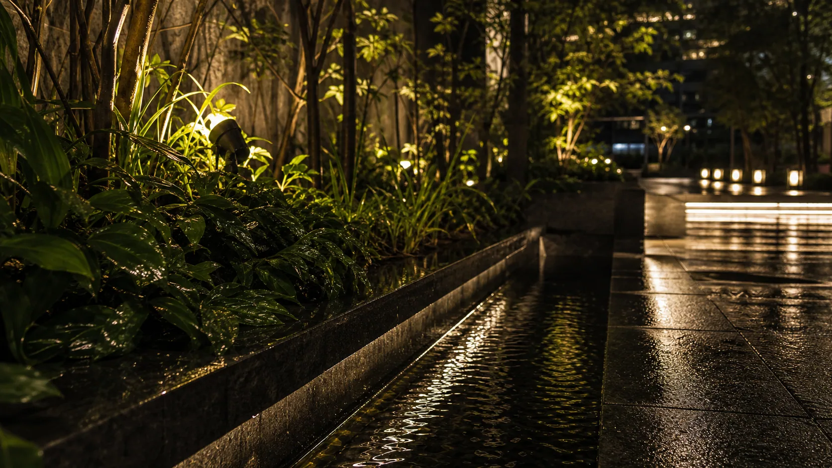 夜の植栽と水辺に光が映る近景のイメージ