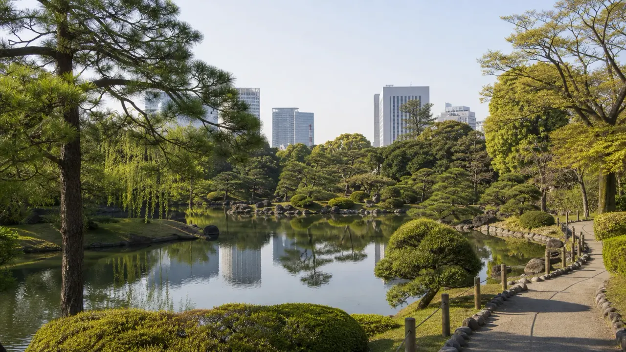 池と松、園路が広がる東京の庭園イメージ