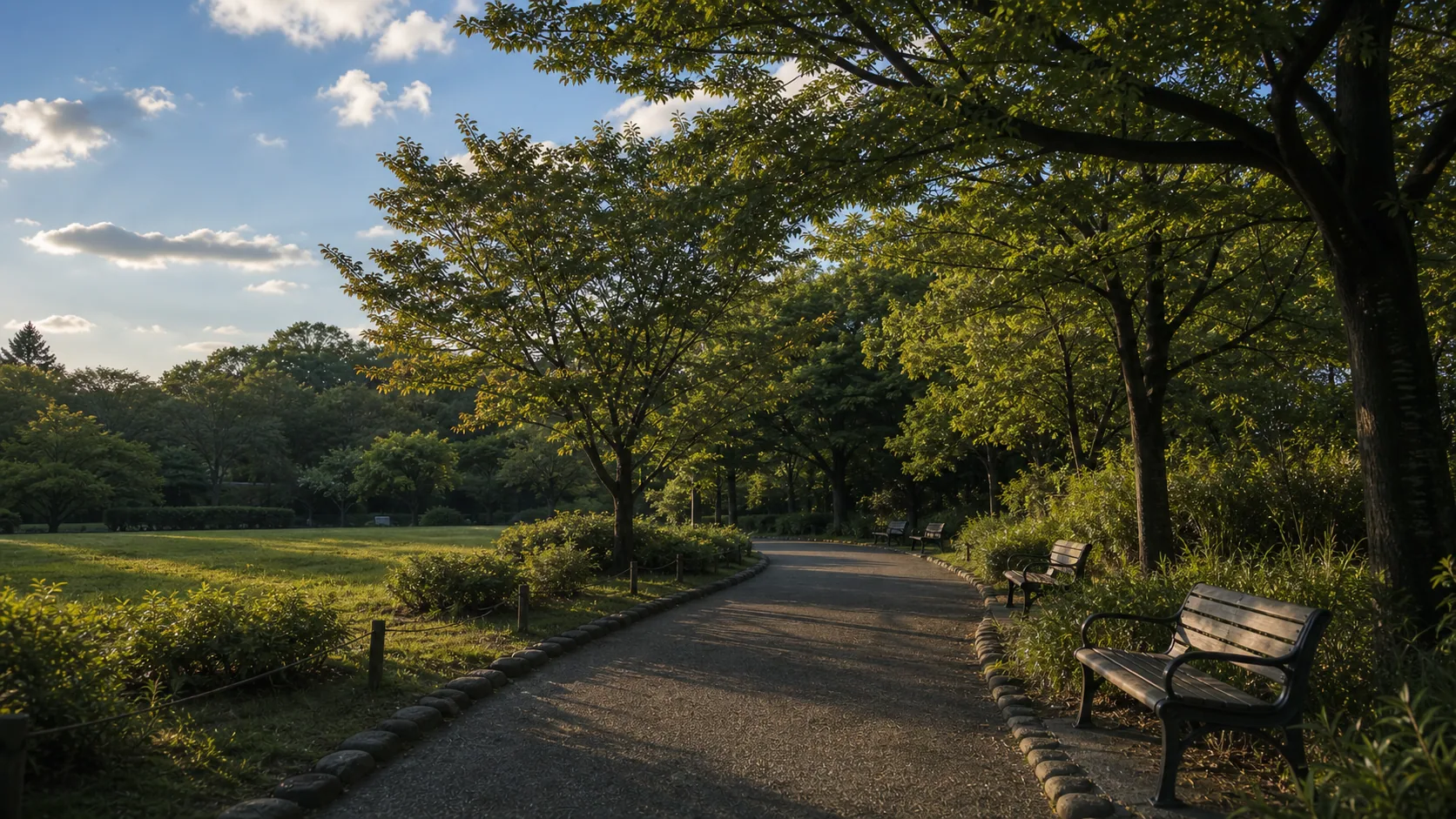 夕方の公園で空と園路を眺めるイメージ