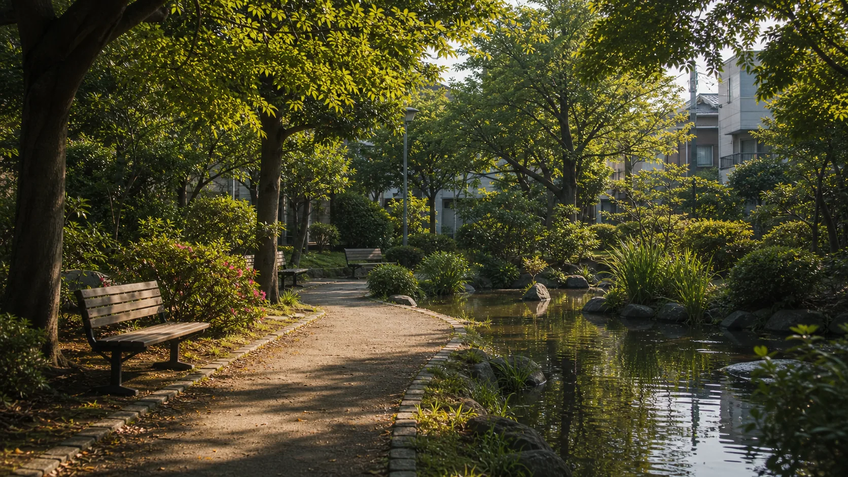 静かな公園の池と園路のイメージ