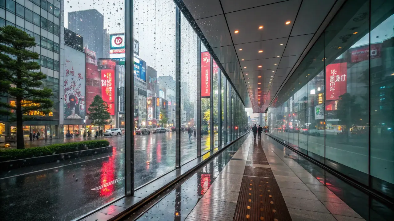 雨の東京でガラス張りの屋根付き通路から街を眺める駅近散歩