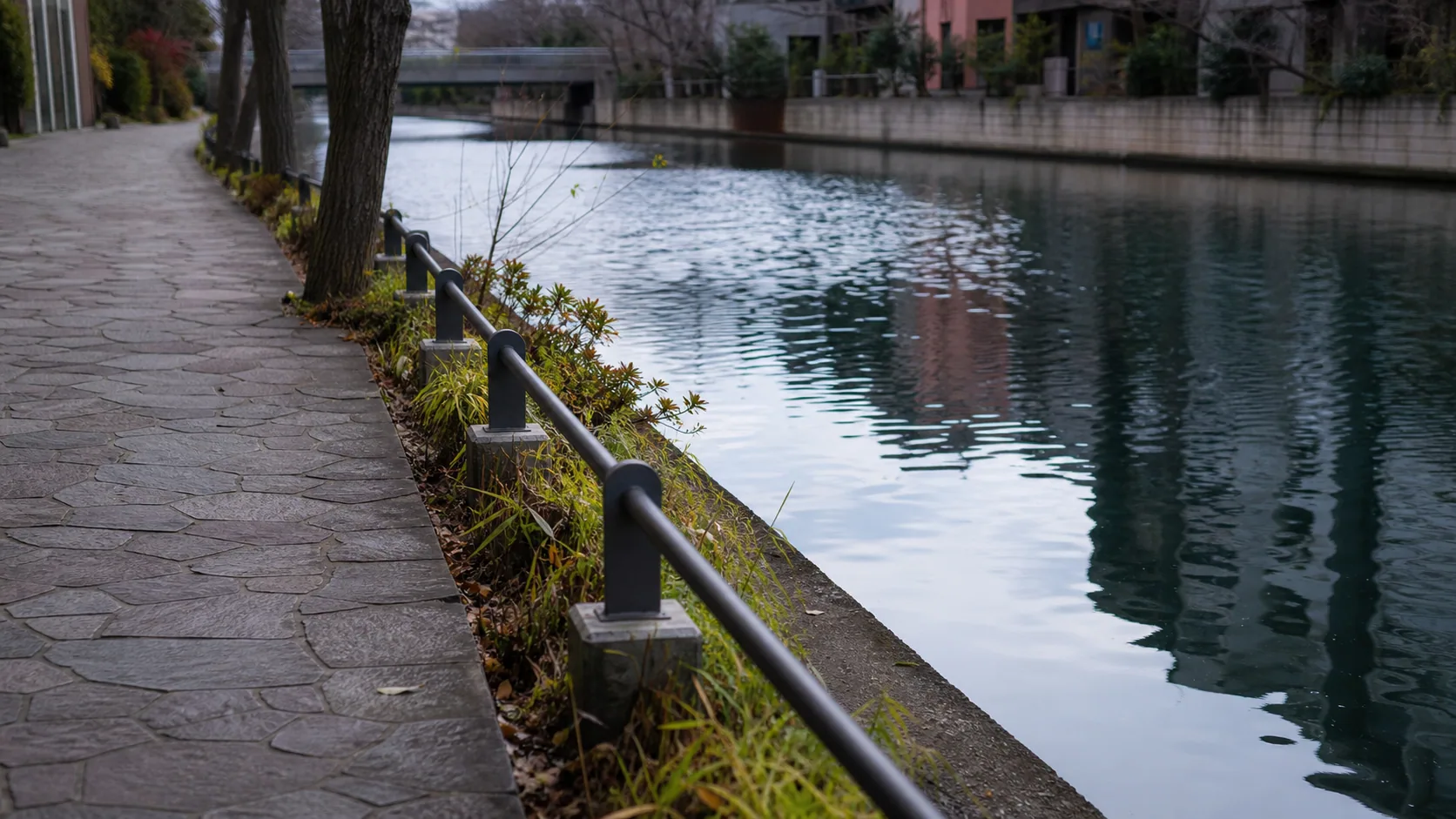 運河沿いの手すりと植栽、水面の近景のイメージ