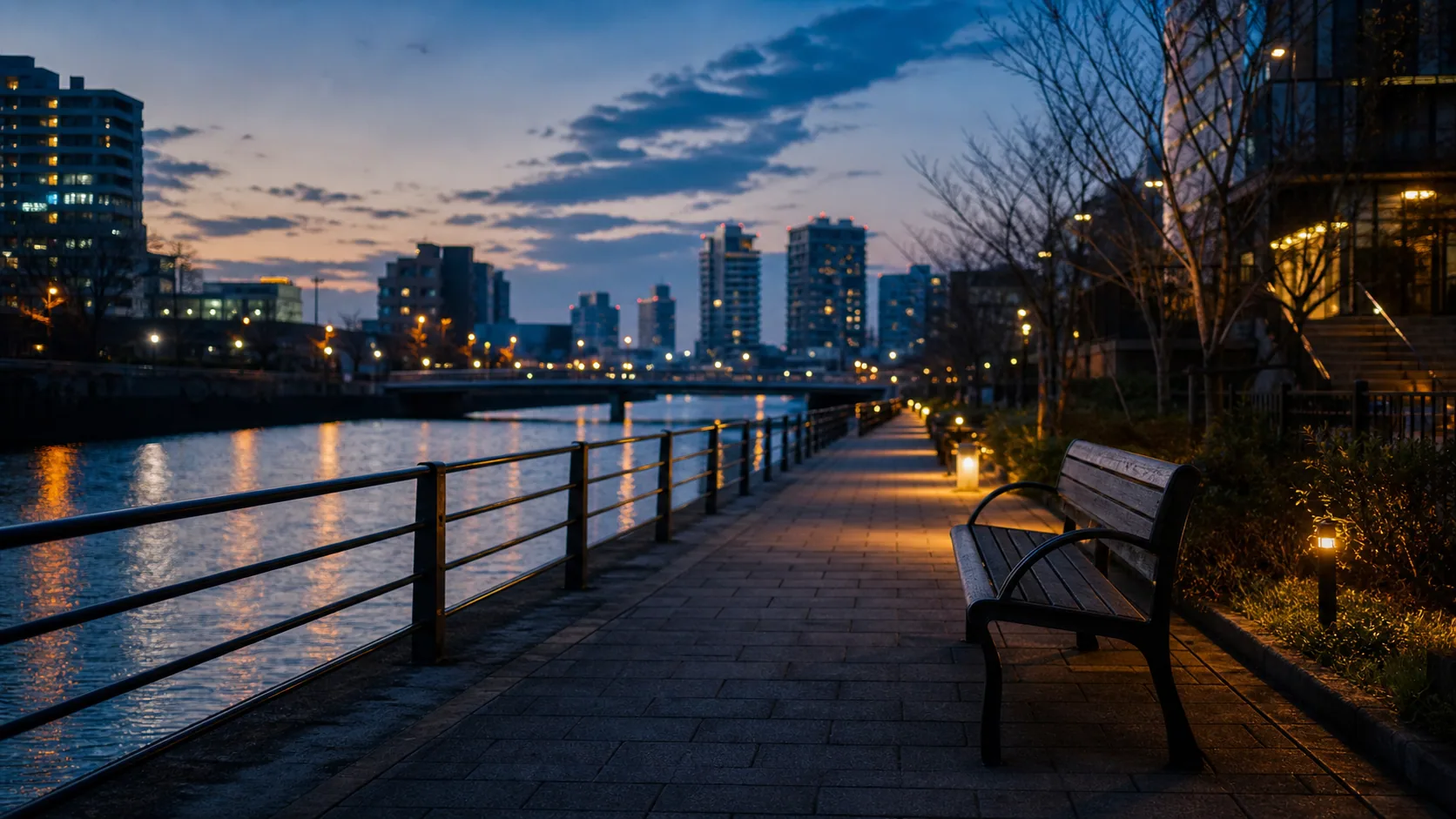 夕方の水辺ベンチと運河沿いの灯りのイメージ