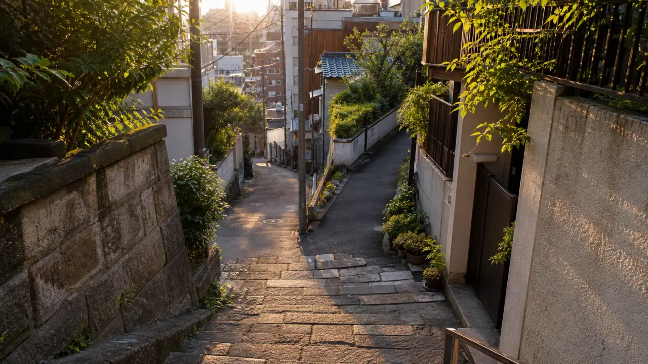 夕方の光が差す東京の坂道と路地裏のイメージ