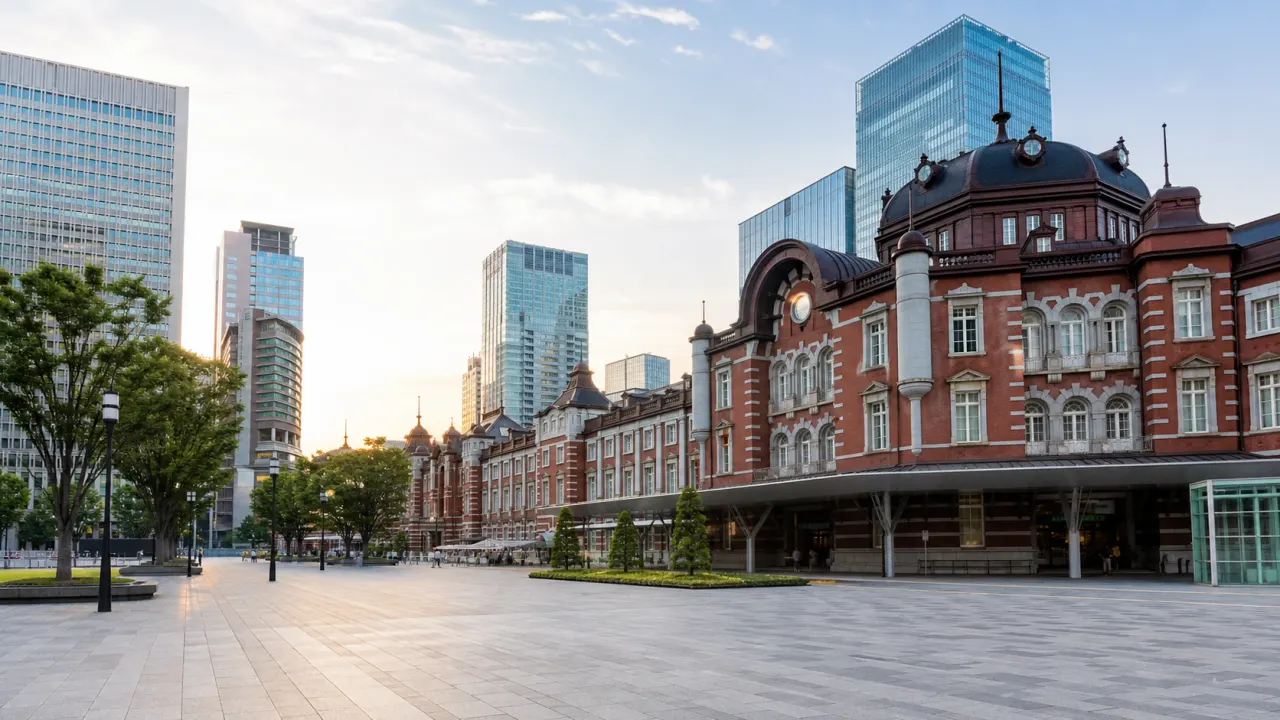 東京駅近くの緑とベンチを短時間で歩く車なし公園散歩イメージ