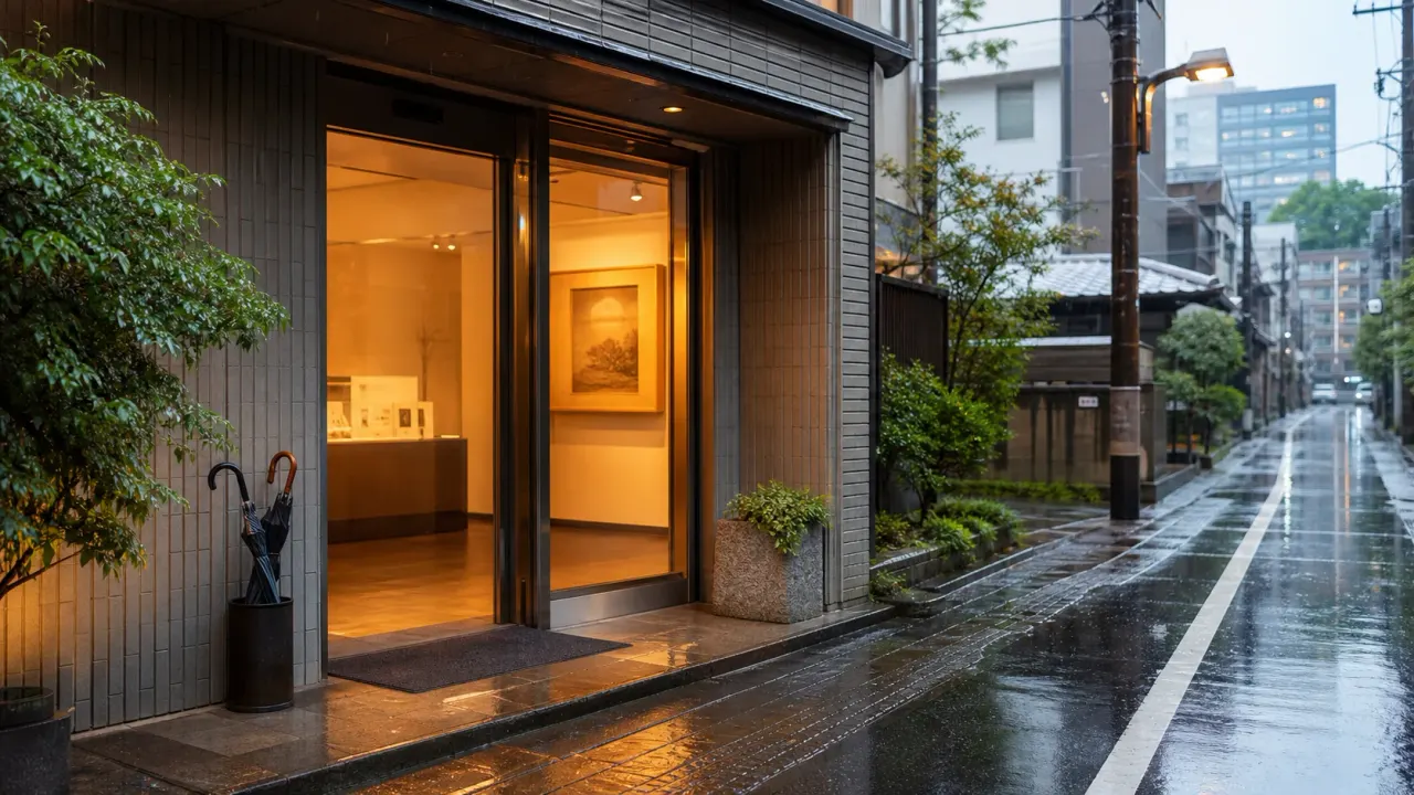 雨の日の東京で小さなミュージアム入口へ向かう散歩風景のイメージ