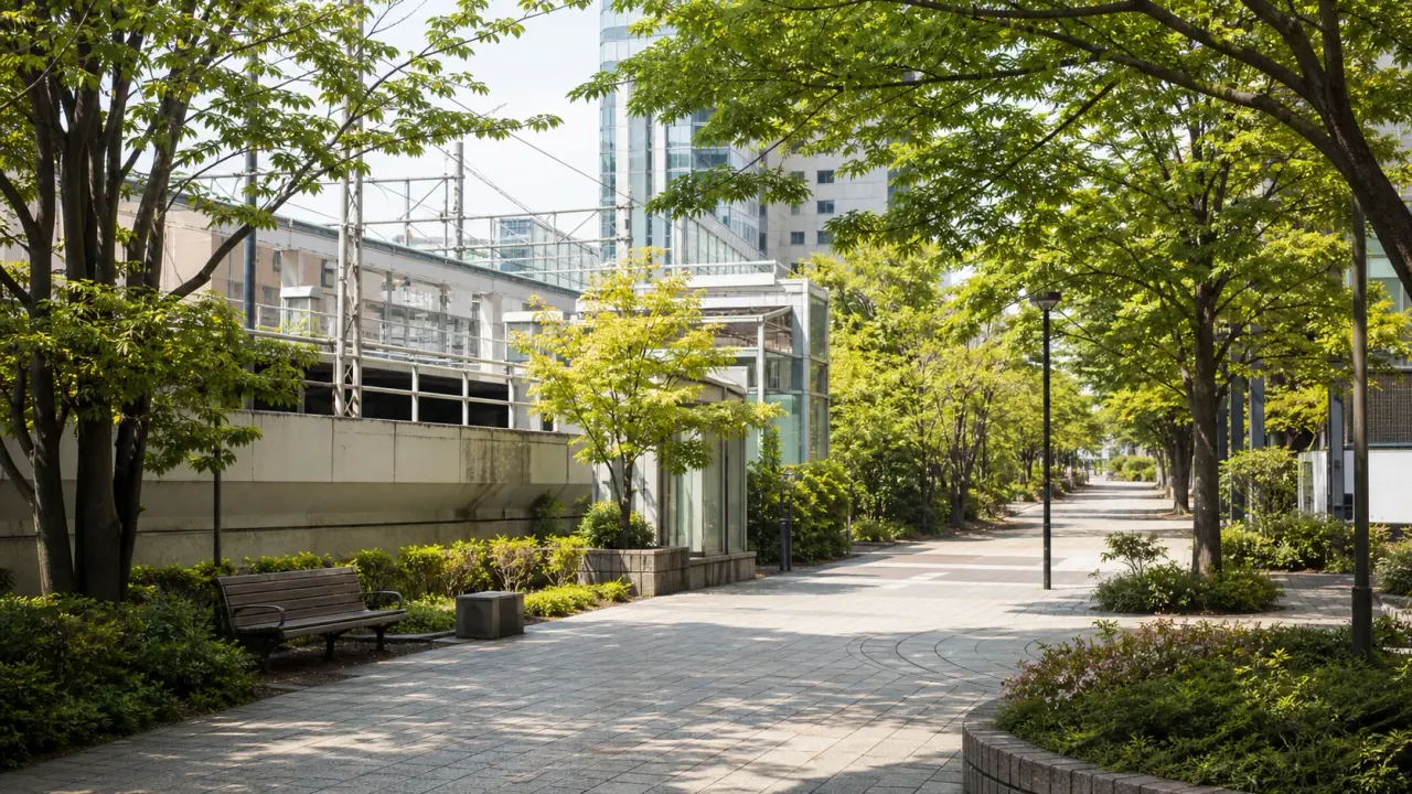 駅近くの緑道とベンチがある東京の街路イメージ