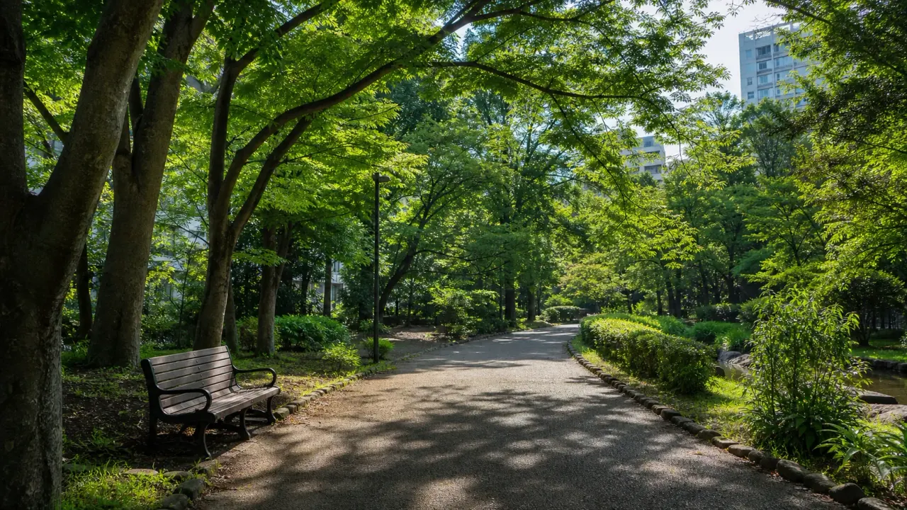 東京の公園で木陰の園路とベンチを見ながら歩く夏の駅近散歩