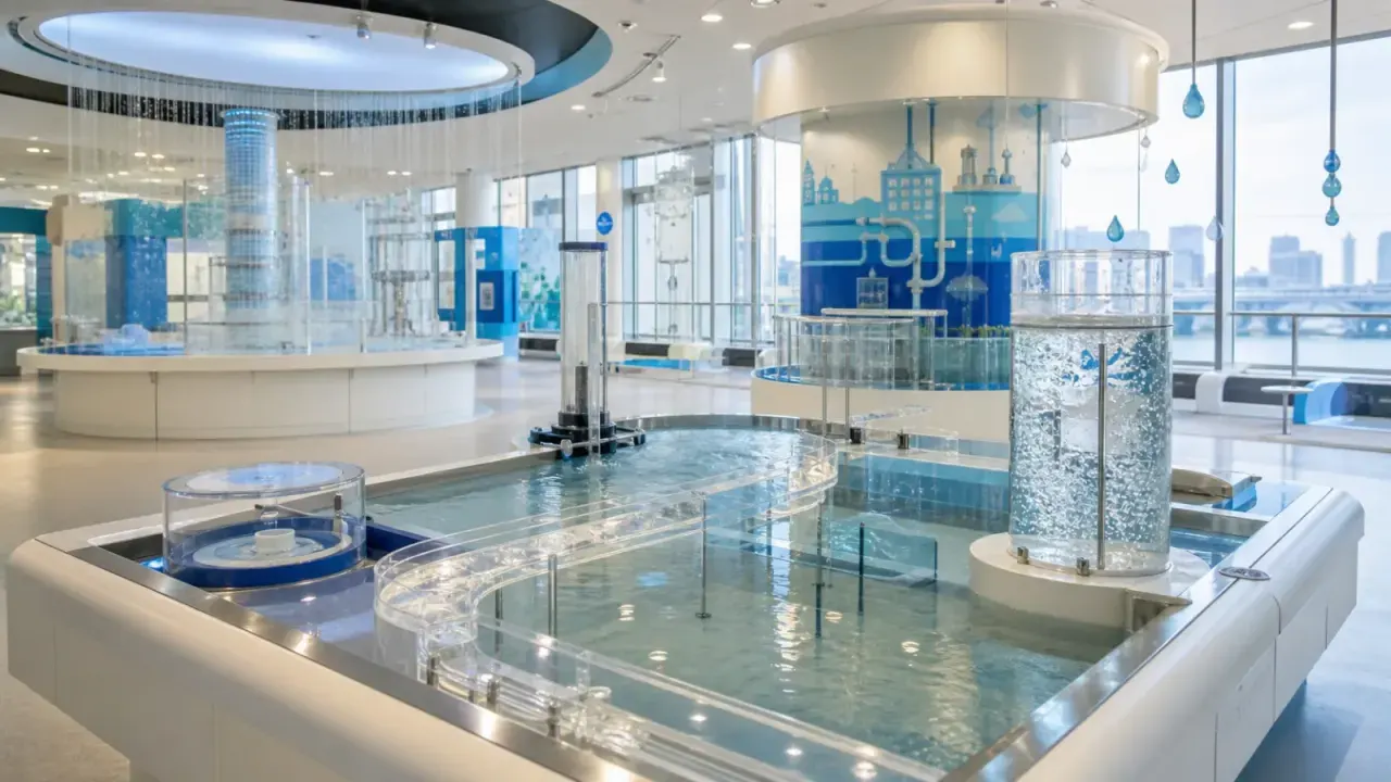 東京都水の科学館をイメージした、水の流れと実験展示がある明るいミュージアムのカバー画像