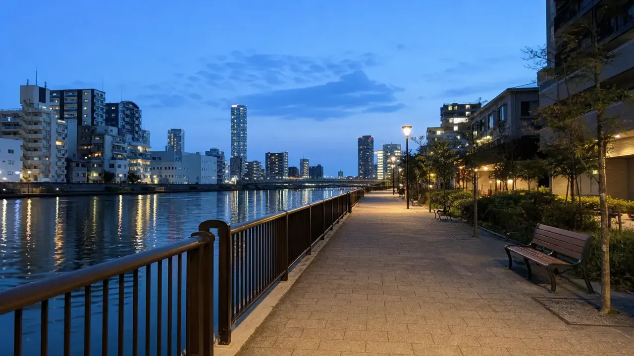 夕暮れの東京の水辺プロムナードと街明かりのイメージ
