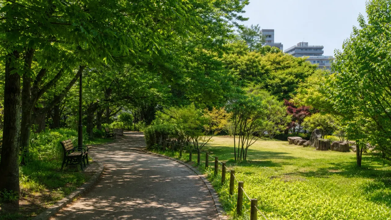 木陰の園路と芝生が広がる東京の静かな公園のイメージ