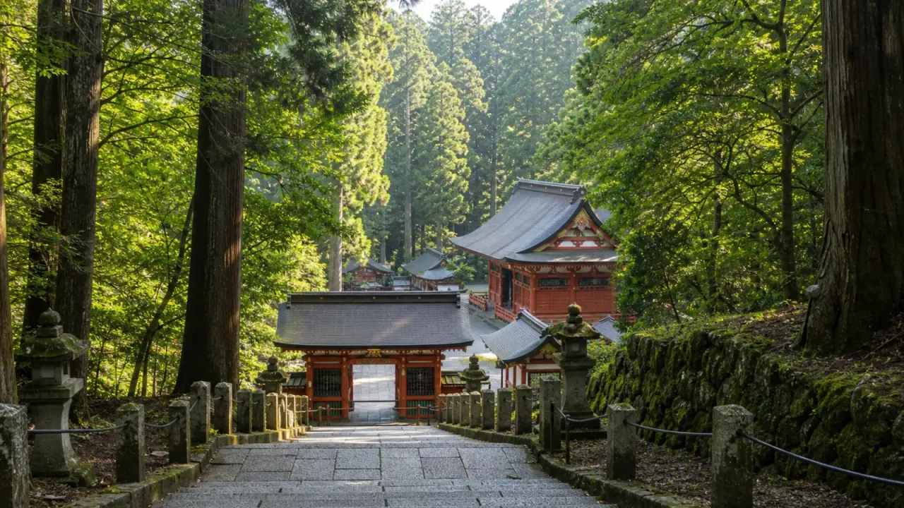 一之宮貫前神社の下り参道と朱塗りの社殿をイメージしたカバー画像