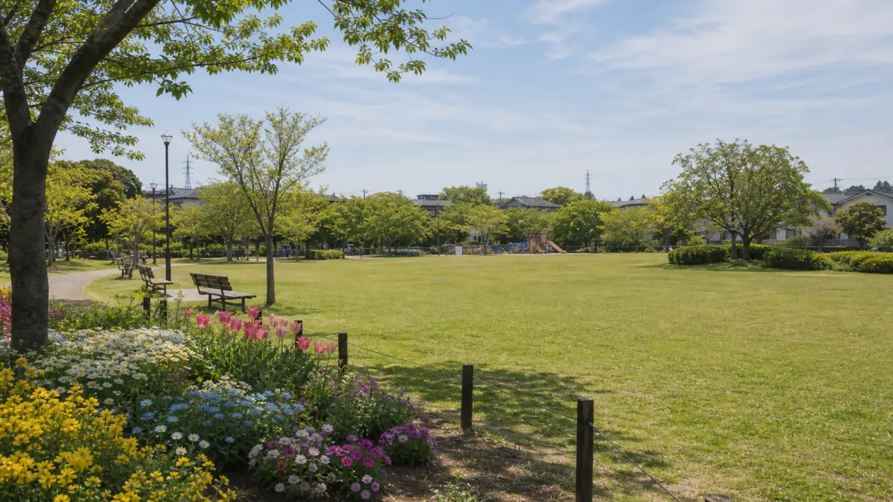 花の咲く四季の森と広いイベント広場、遊具のあるまちなか公園をイメージした、WNSとみさとスマイルパークのカバー画像