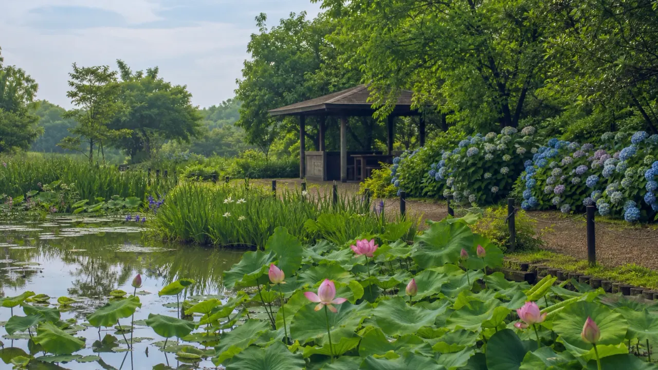 蓮の花とアジサイが咲く池のほとりに東屋がある親水公園の散歩イメージ