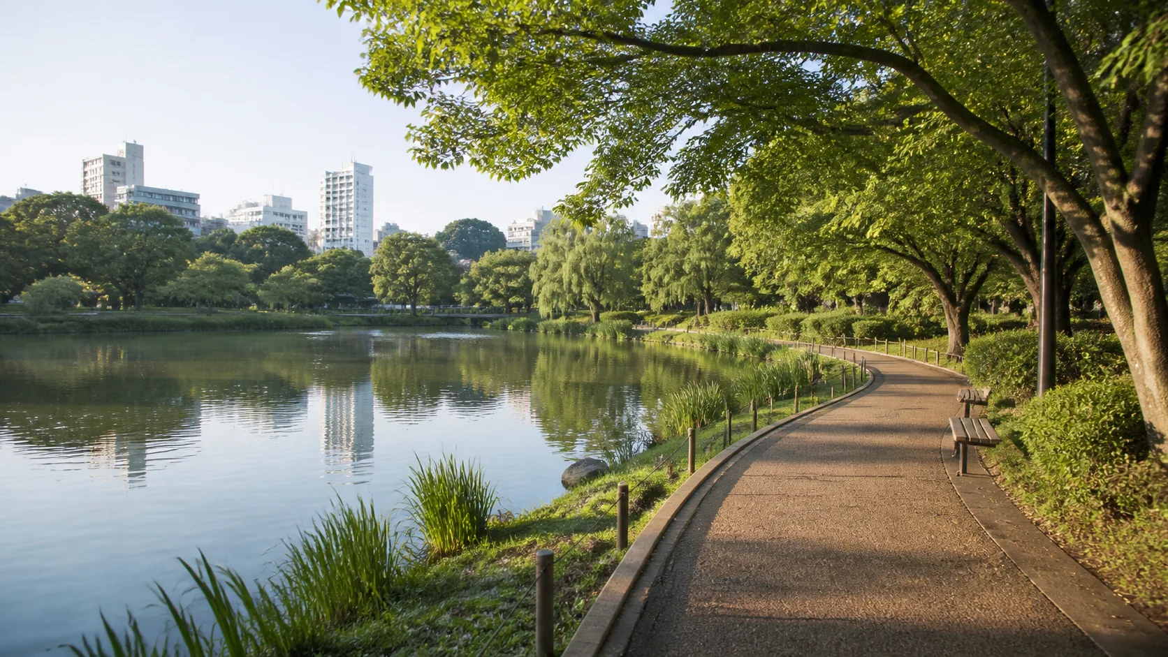 池のまわりを木陰に沿って歩くイメージ