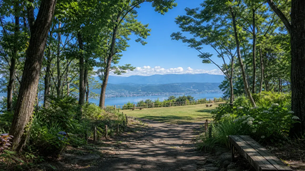 岡谷市の高原公園を思わせる木陰の園路と遠くの湖、山並みを写した架空のカバー画像