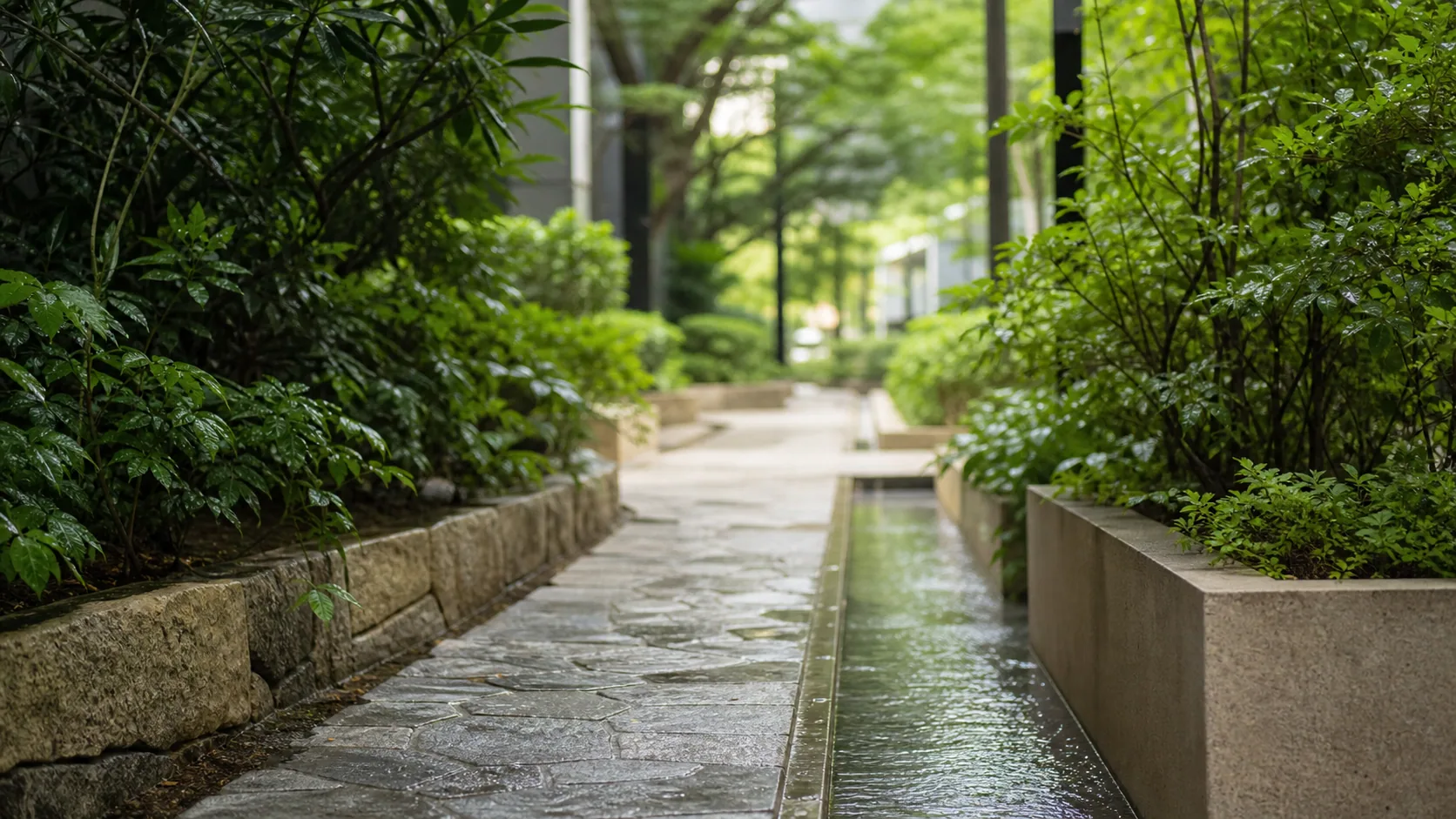 都市の植栽と通路の近景のイメージ