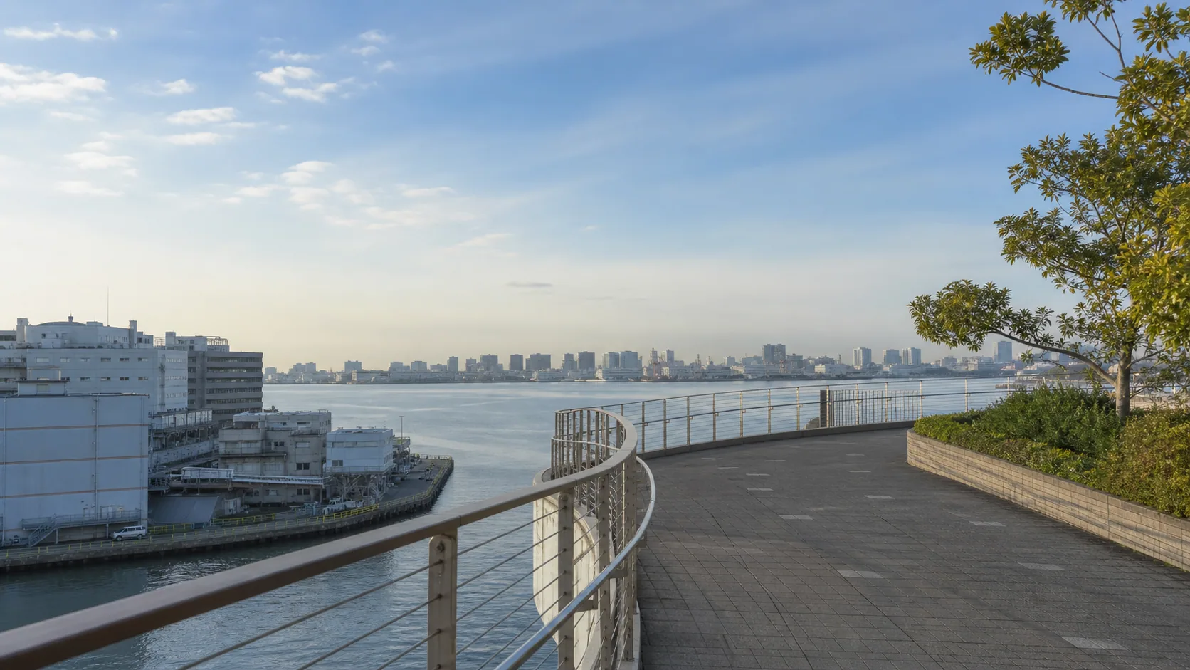 朝の海沿い歩行者デッキが広がる空気感のイメージ