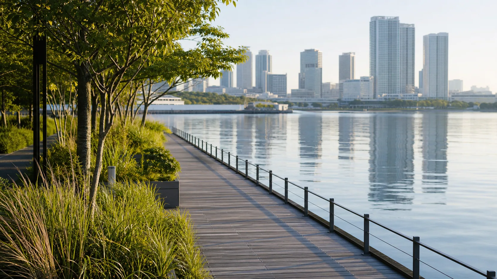 水辺の遊歩道と植栽の近景のイメージ