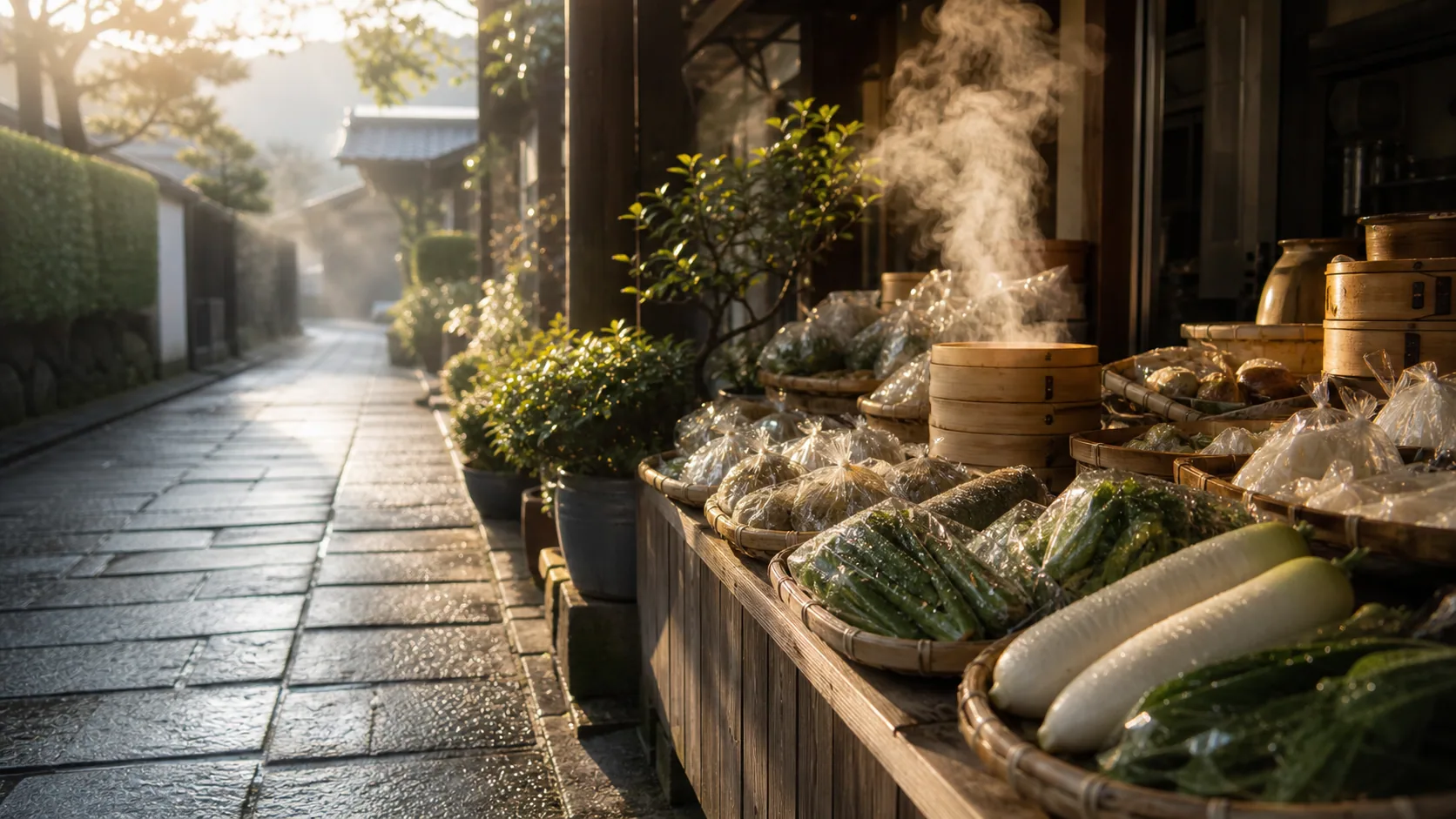 朝の市場通りに食材のかごと湯気が並ぶ近景のイメージ