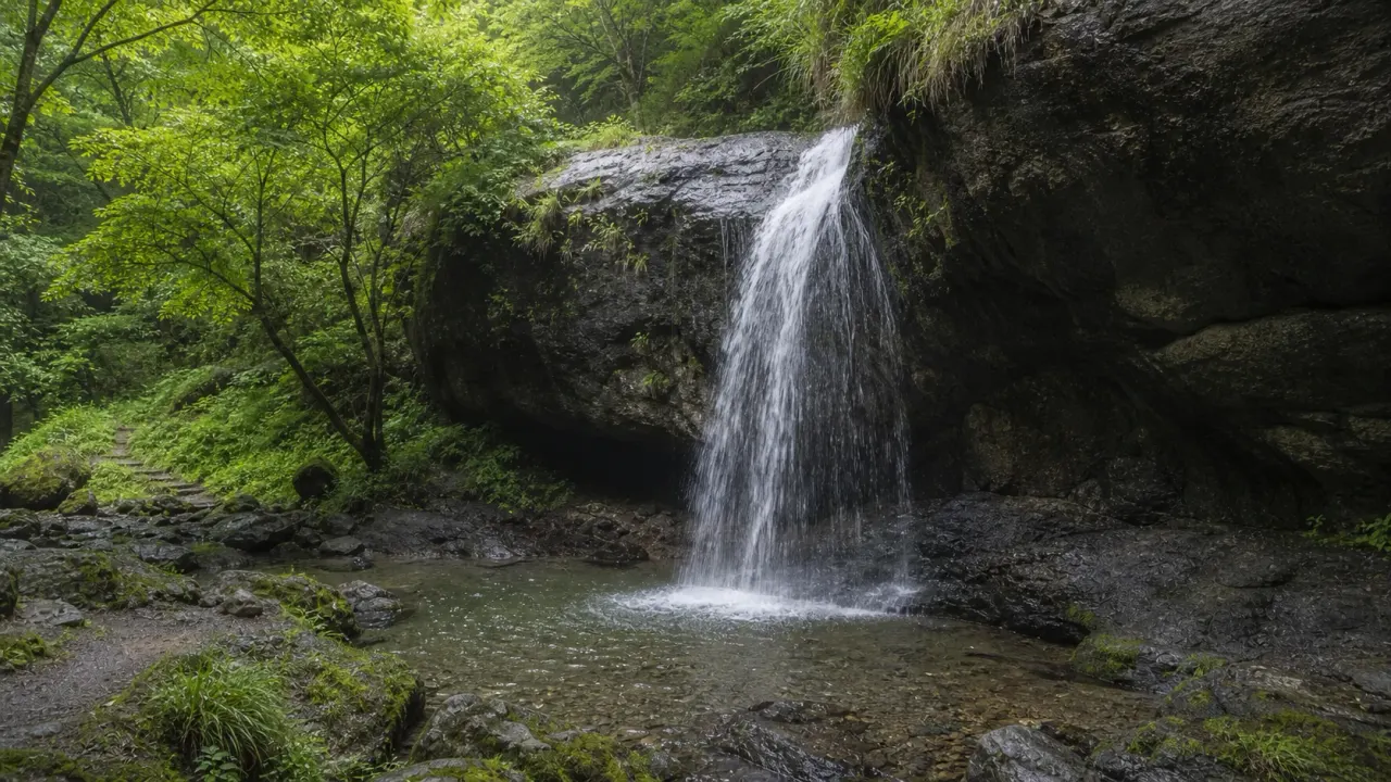 緑の谷で岩の下から落ちる月待の滝を眺める散歩イメージ