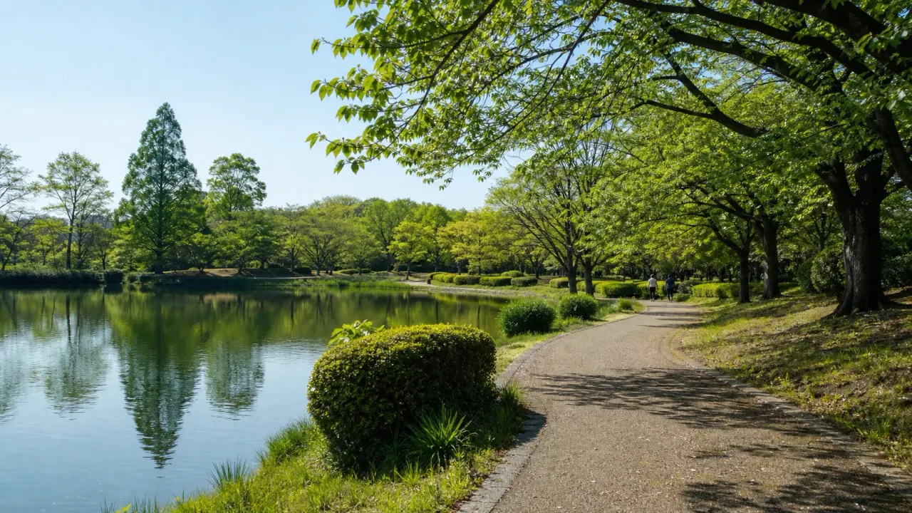 つくば市の洞峰公園を思わせる池と木陰の遊歩道、初夏の緑が続く静かな公園散歩イメージ