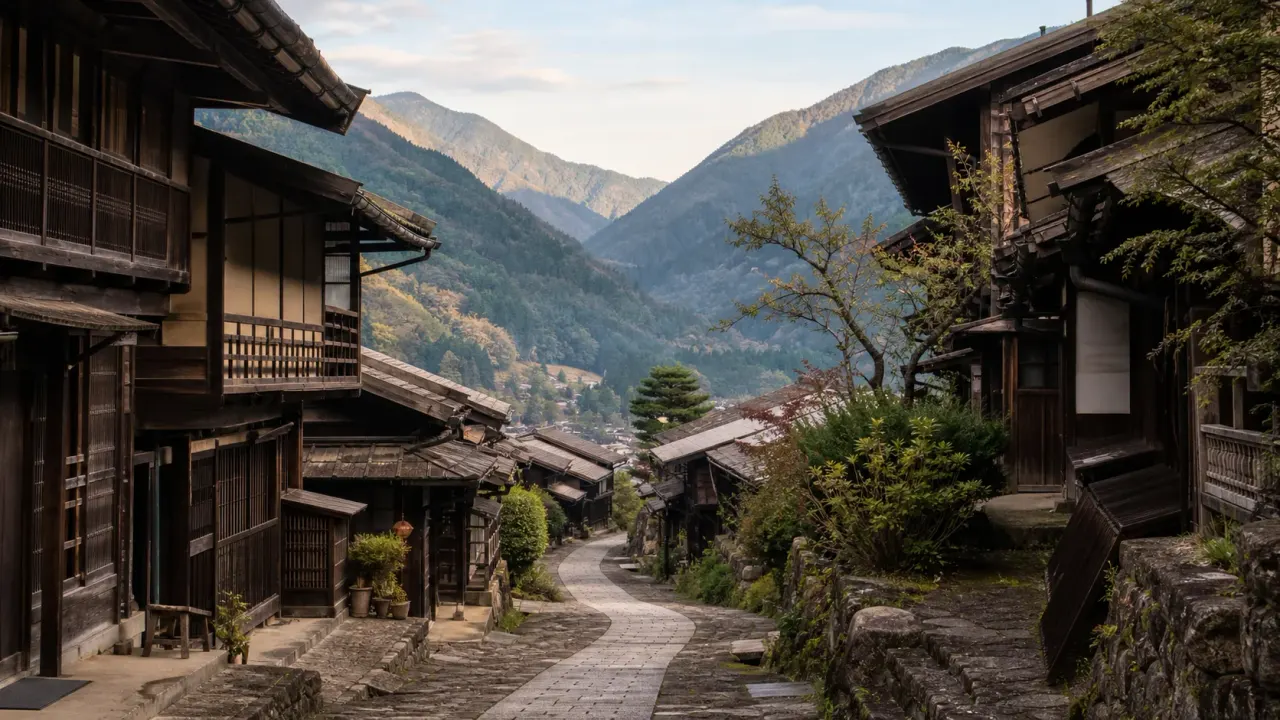 南木曽町の妻籠宿を思わせる、山あいに木造の宿場町が続く中山道のイメージ画像