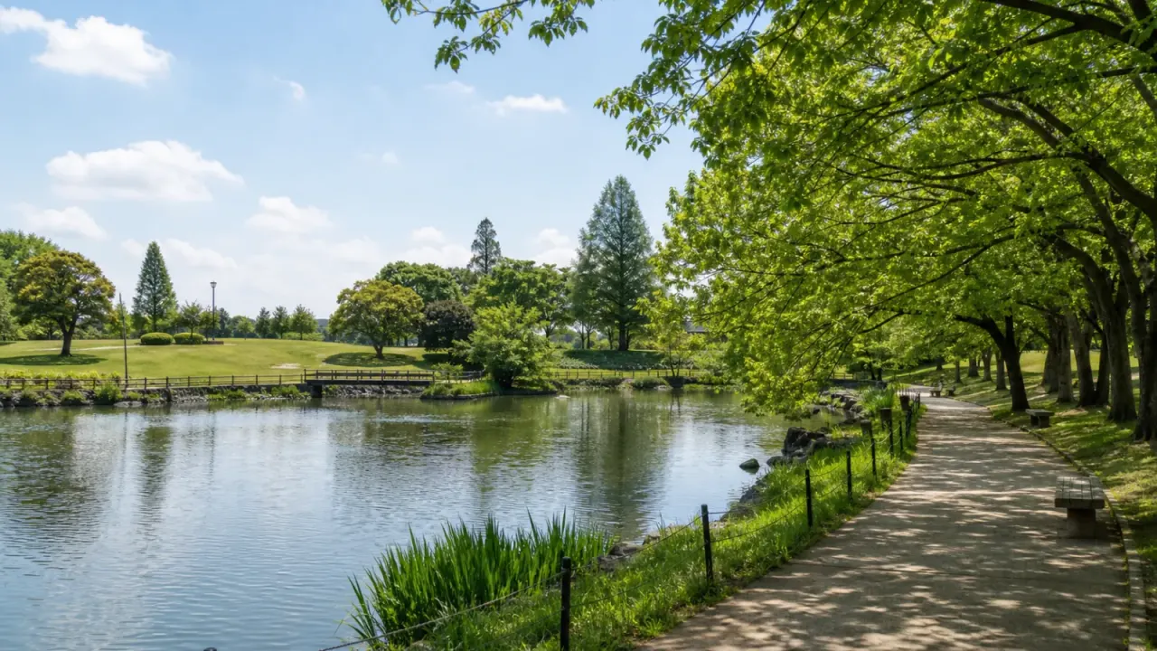 鶴ヶ島市運動公園の太田ヶ谷沼と木陰の園路をイメージしたカバー画像