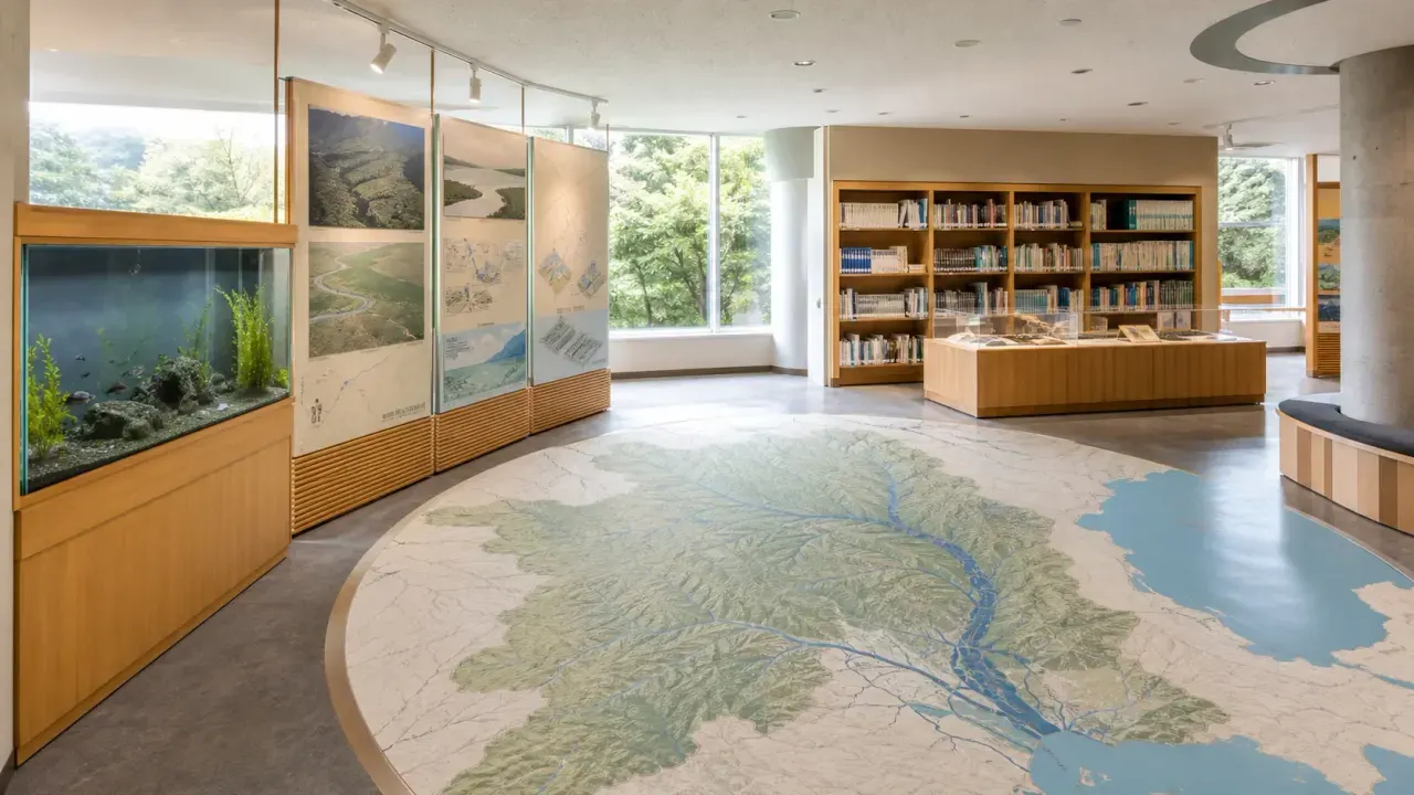 川の流域模型と水槽、展示パネルが並ぶ防災学習施設をイメージした、鶴見川流域センターのカバー画像