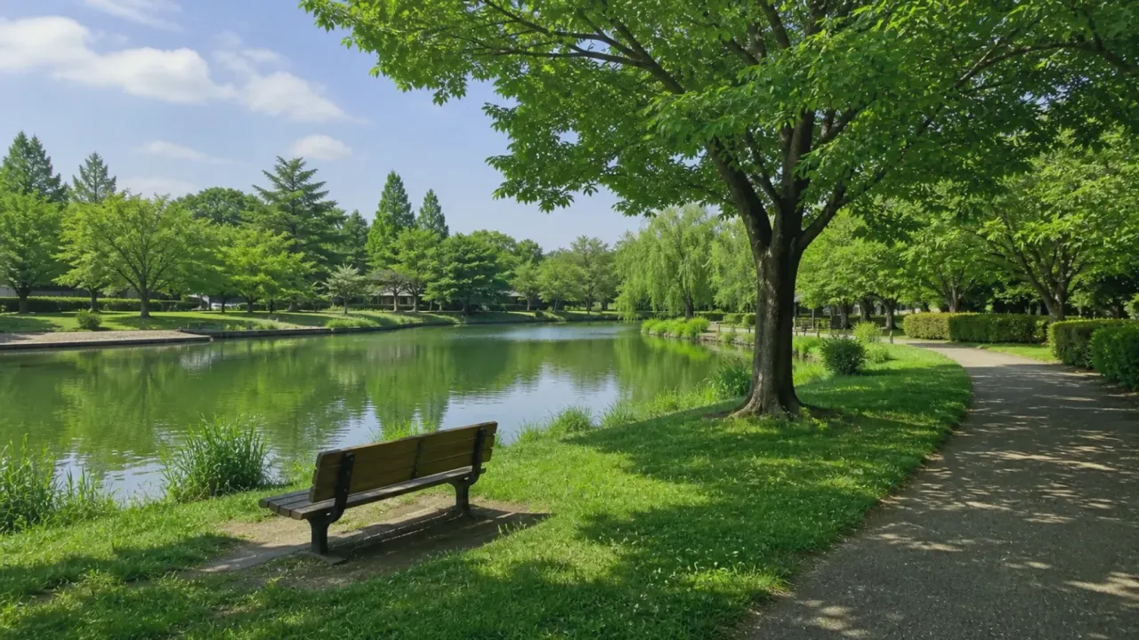 春日部の内牧公園を思わせる雑木林と芝生の静かな公園散歩のイメージ
