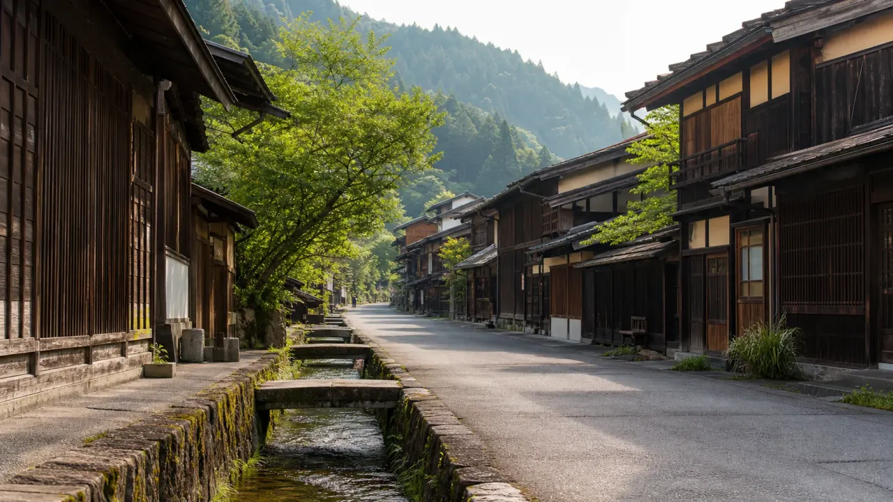 北国街道の宿場町を思わせる格子戸の家並みと用水沿いの道をイメージしたカバー画像